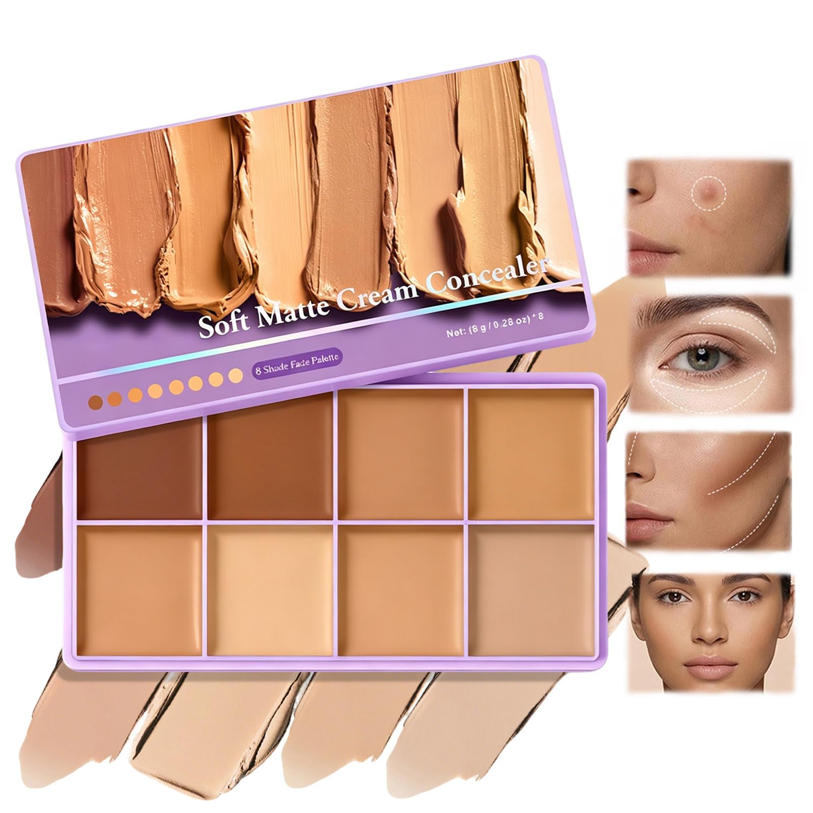 8 Shade Fade Soft Matte Cream Concealer Palette,Long Lasting Waterproof Color Corrector Coverage for Dark Circles,Medium Coverag