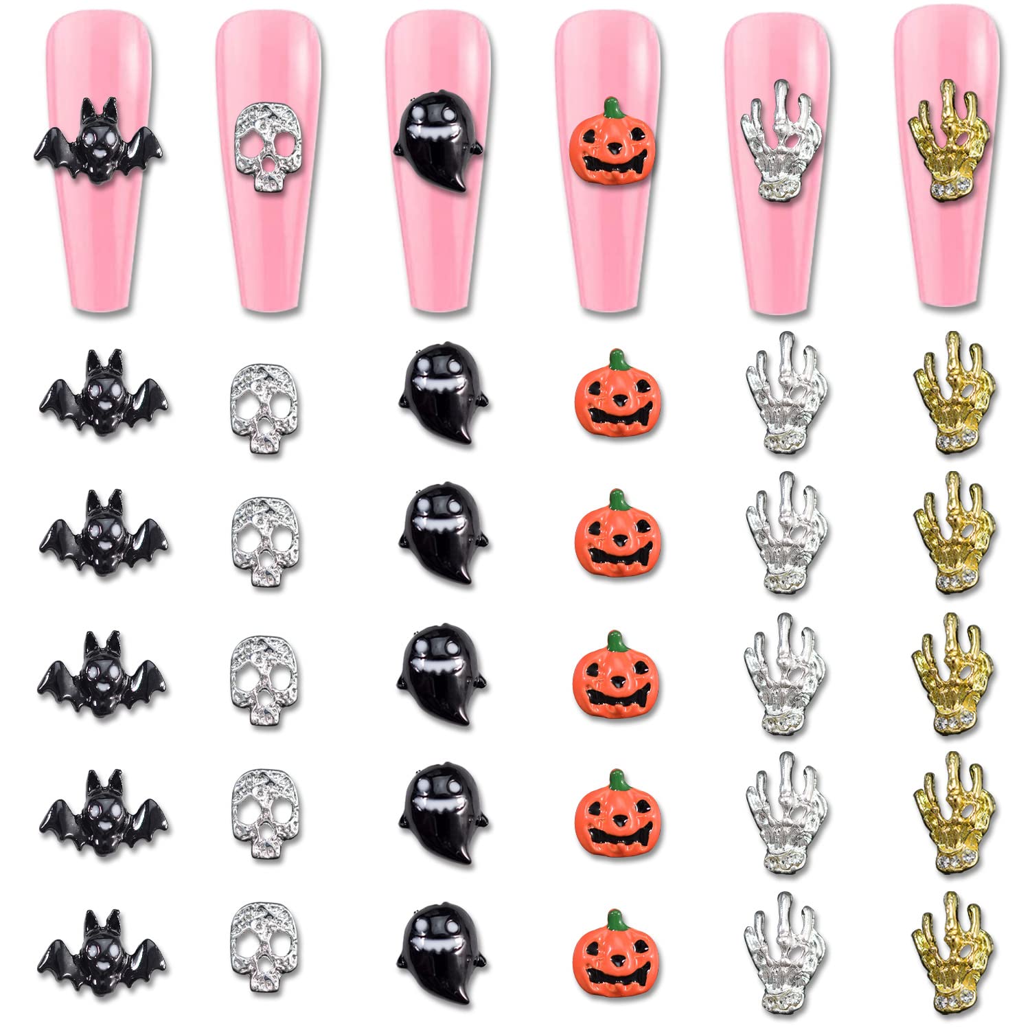 Wokoto 30Pcs Halloween Nail 3D Charms For Women Nails Metal Nail Charms For Acrylic Nails Bat Pumpkin Skull Hand Ghost Halloween