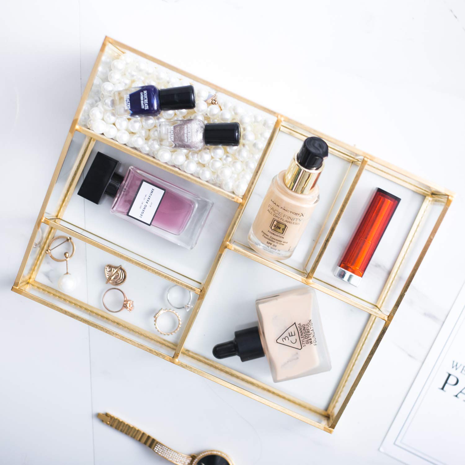 Makeup Organizer Antique Countertop Cosmetic Storage Box Glass Beauty Display, Gold Spin Large Capacity Holder for Brushes Lipst