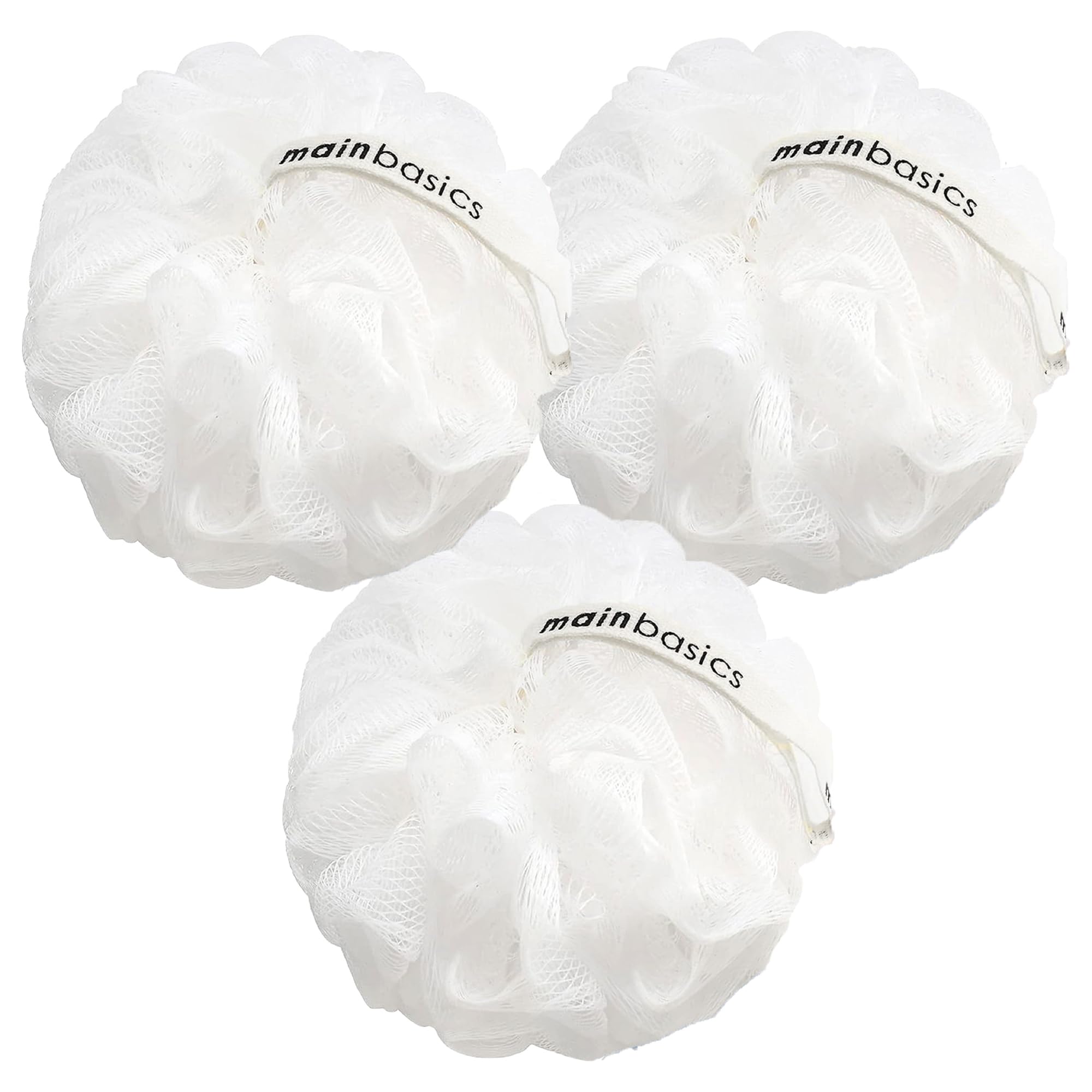 Mainbasics Bath Shower Loofah Sponge Pouf Body Scrubber Exfoliator Body Wash Sponge (Set Of 3, Snow White)