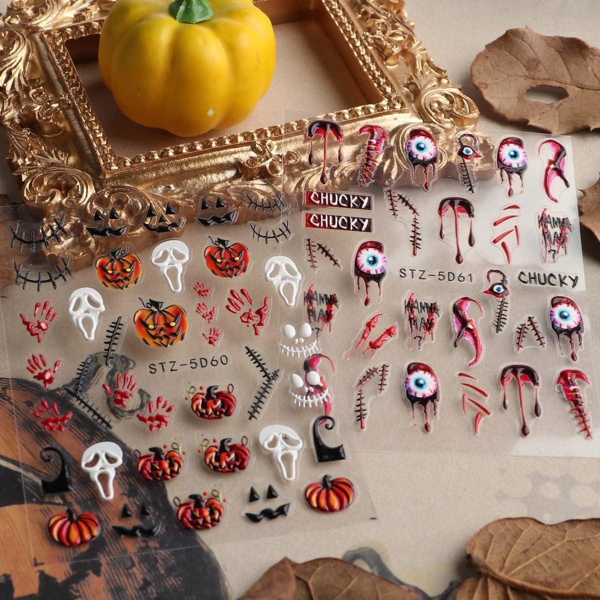 5D Halloween Nail Stickers Acrylic Sticker Realistic Eyes Bone Spider Embossed Halloween Skull Ghost Pumpkin Spider Bat Nail Art