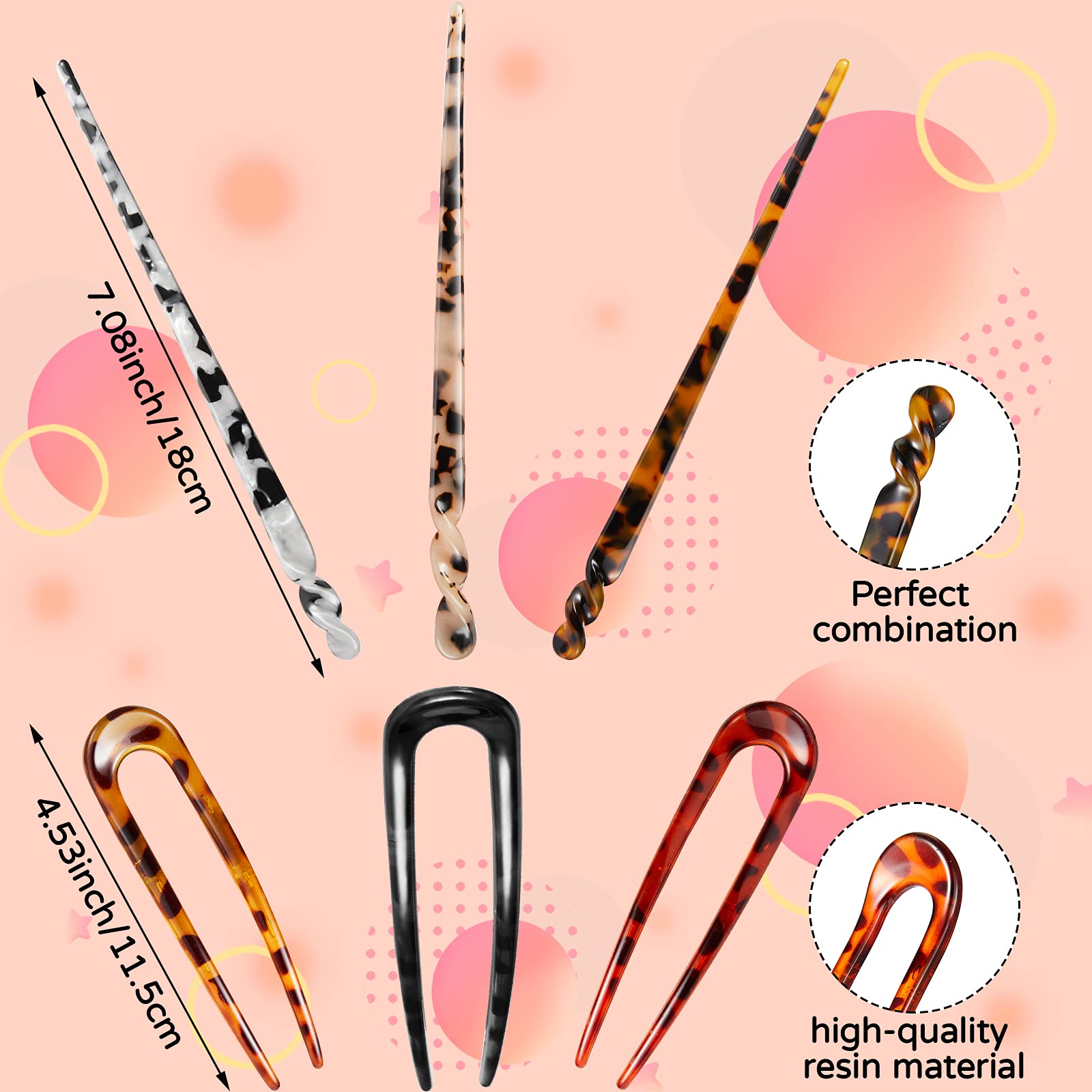 6 Pieces Hair Chopsticks for Women Acetate Hair Sticks Include Tortoise Acetate Hair Stick Leopard Hairpins U-shaped Hair Pin Vi