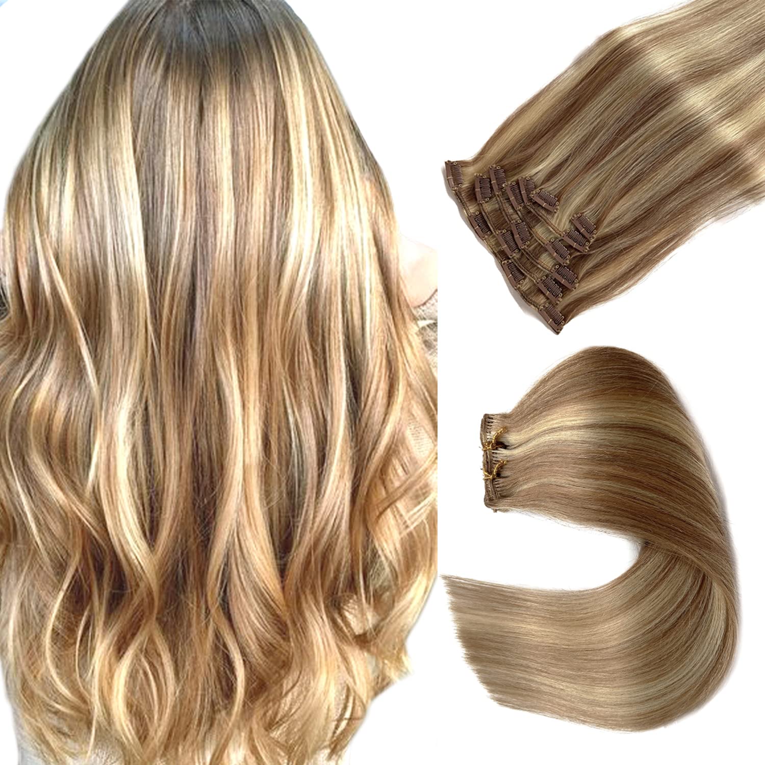 Hair Extensions Clip In, Golden Brown To Blonde Highlights Human Hair Extensions Clip In 7Pcs 70G Straight Double Wefted Remy Hu