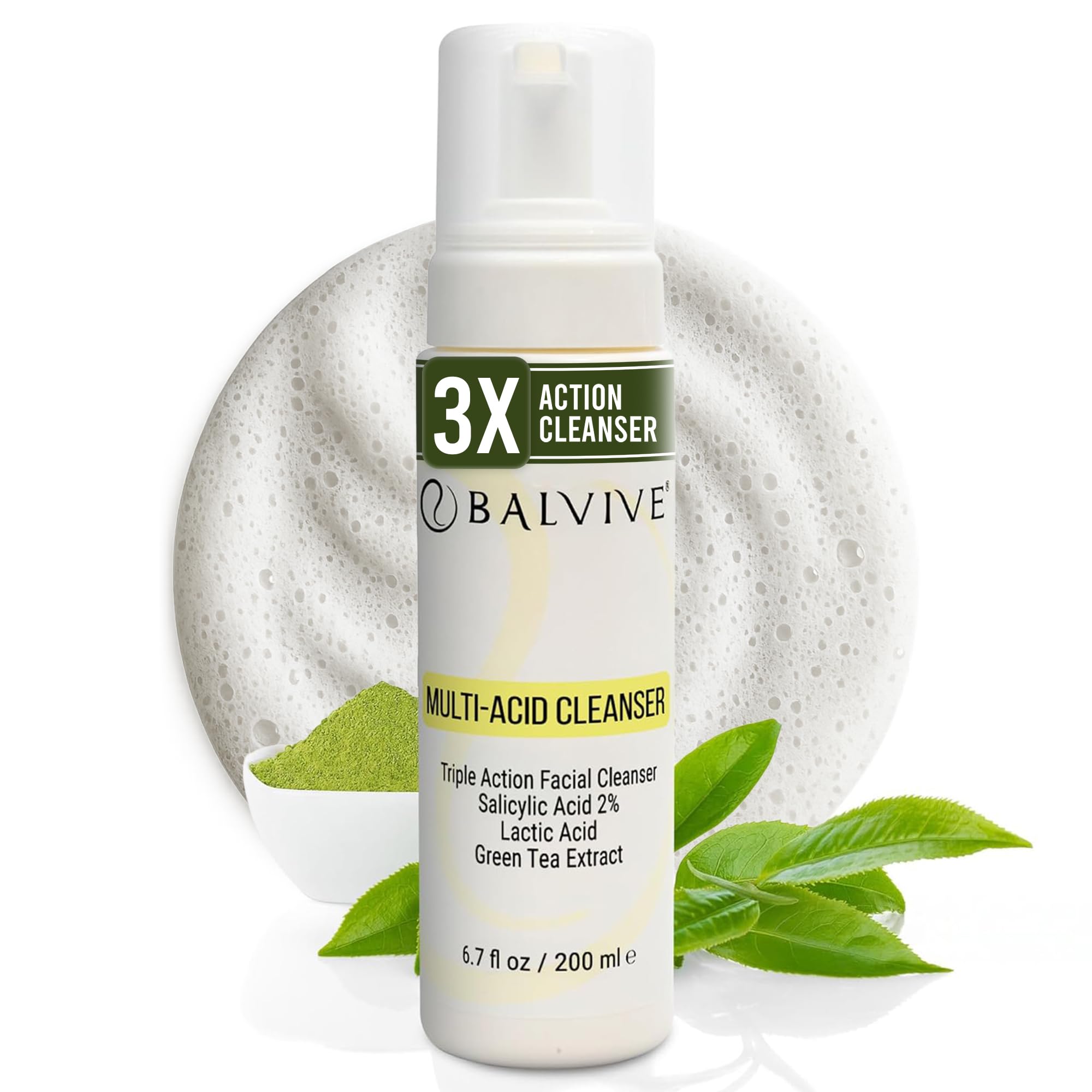 BALVIVE Foaming Facial Cleanser with Salicylic Acid, Glycolic Acid & Lactic Acid & Green Tea Extract Face Wash for Acne, Oily &