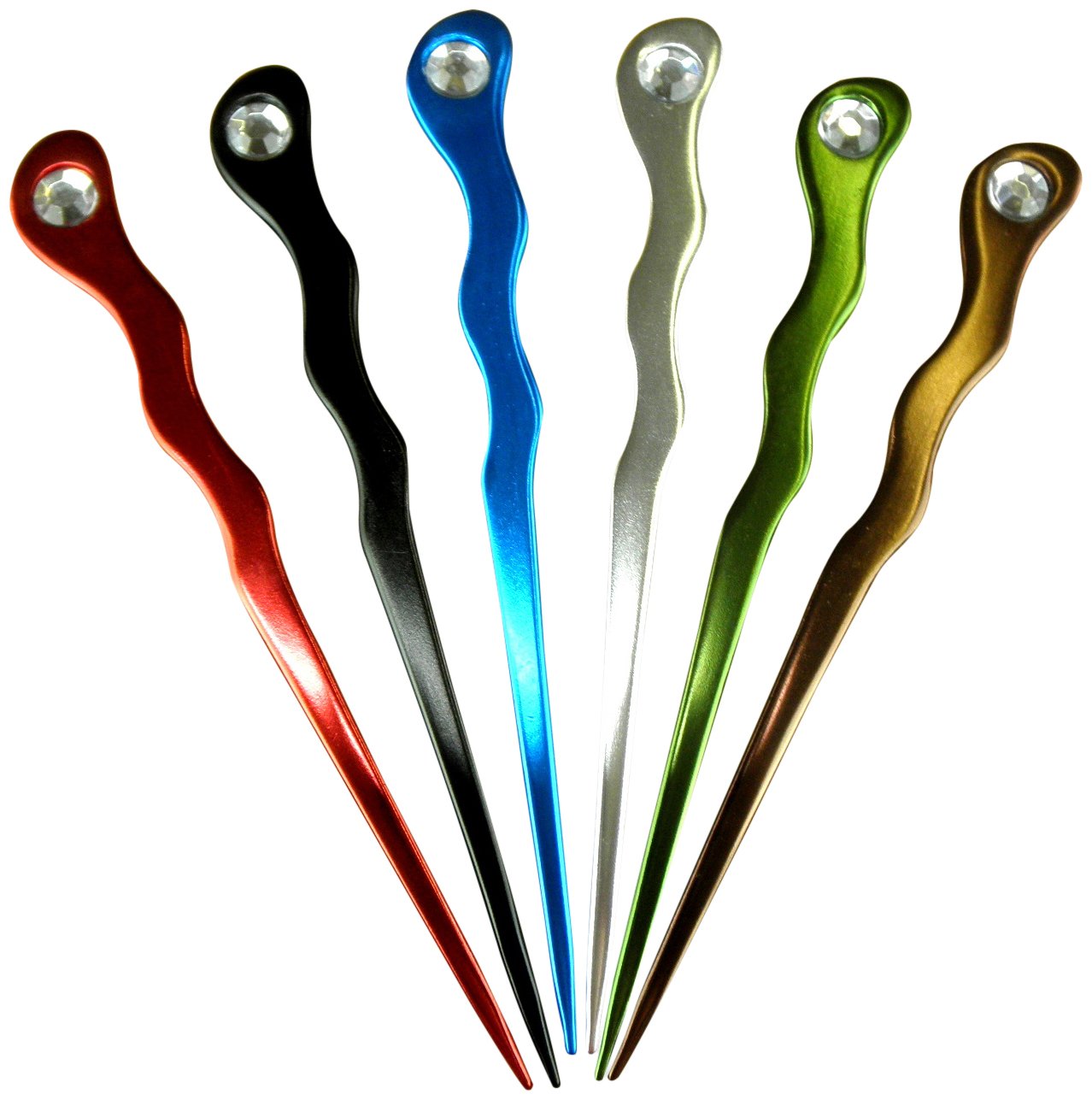 (6) Anodized Colored Aluminum Spiral 6 Hair Sticks with Rhinestones Pick Pic Pin Fork