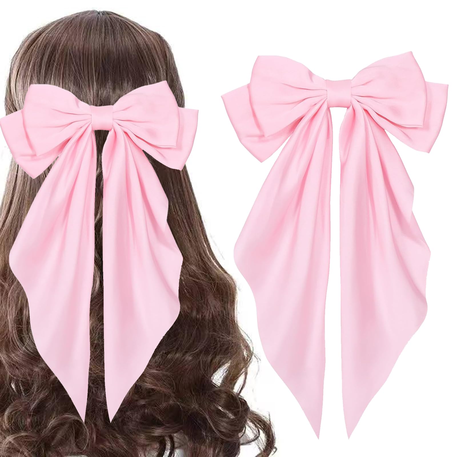 Hair Bows for Women,Pink Silky Satin Hair Bow with Oversized Long Tail Large Hair Ribbons Barrettes Metal Clips Hair Accessories