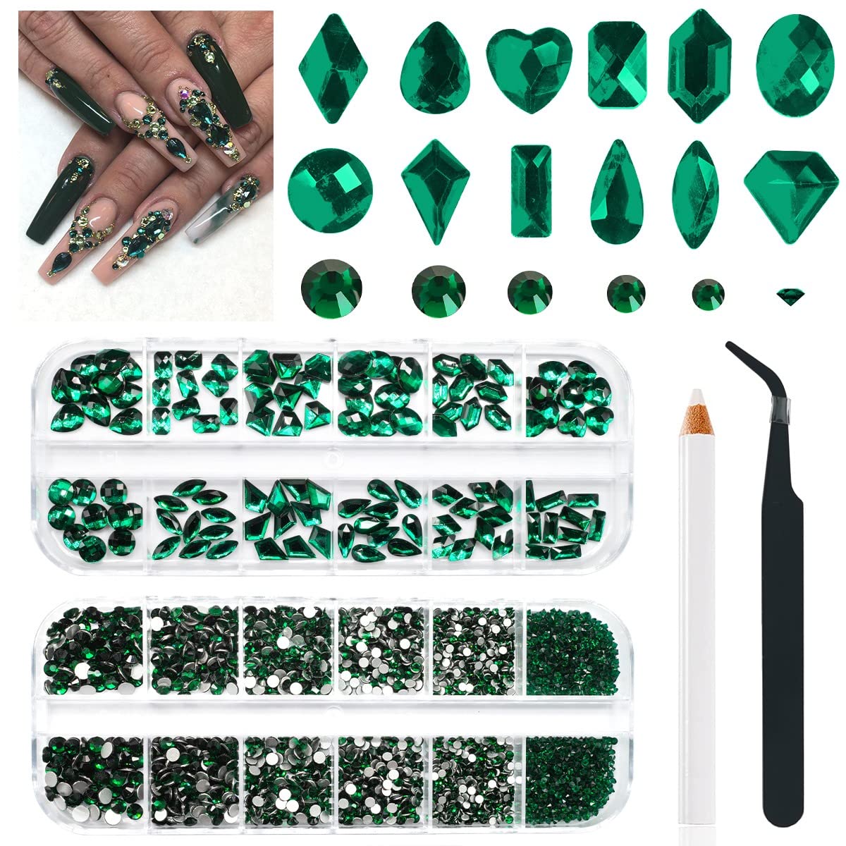 Emerald green Nail Rhinestones K9 glass crystal Flat Back Rhinestones Nail charms Stones 120 Multi Shapes Big gems Round Beads N