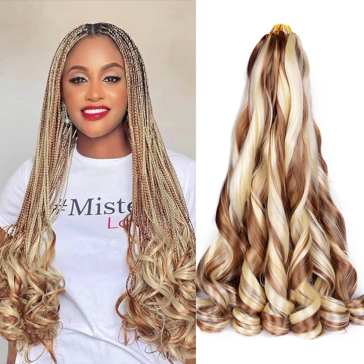 French Curly Braiding Hair for Box Braids,30/613 Loose Wave Braiding Hair 8 Packs 24 Inch 75g/Pack Spanish Curly Synthetic Spira