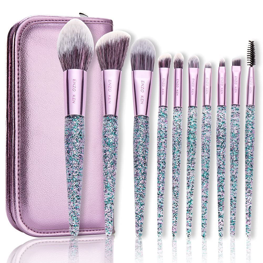 ENZO KEN Glitter Makeup Brushes Set with Case, Vegan Makeup Brush Set Professional, Colorful Cosmetic Brushes Makeup Set, Make u