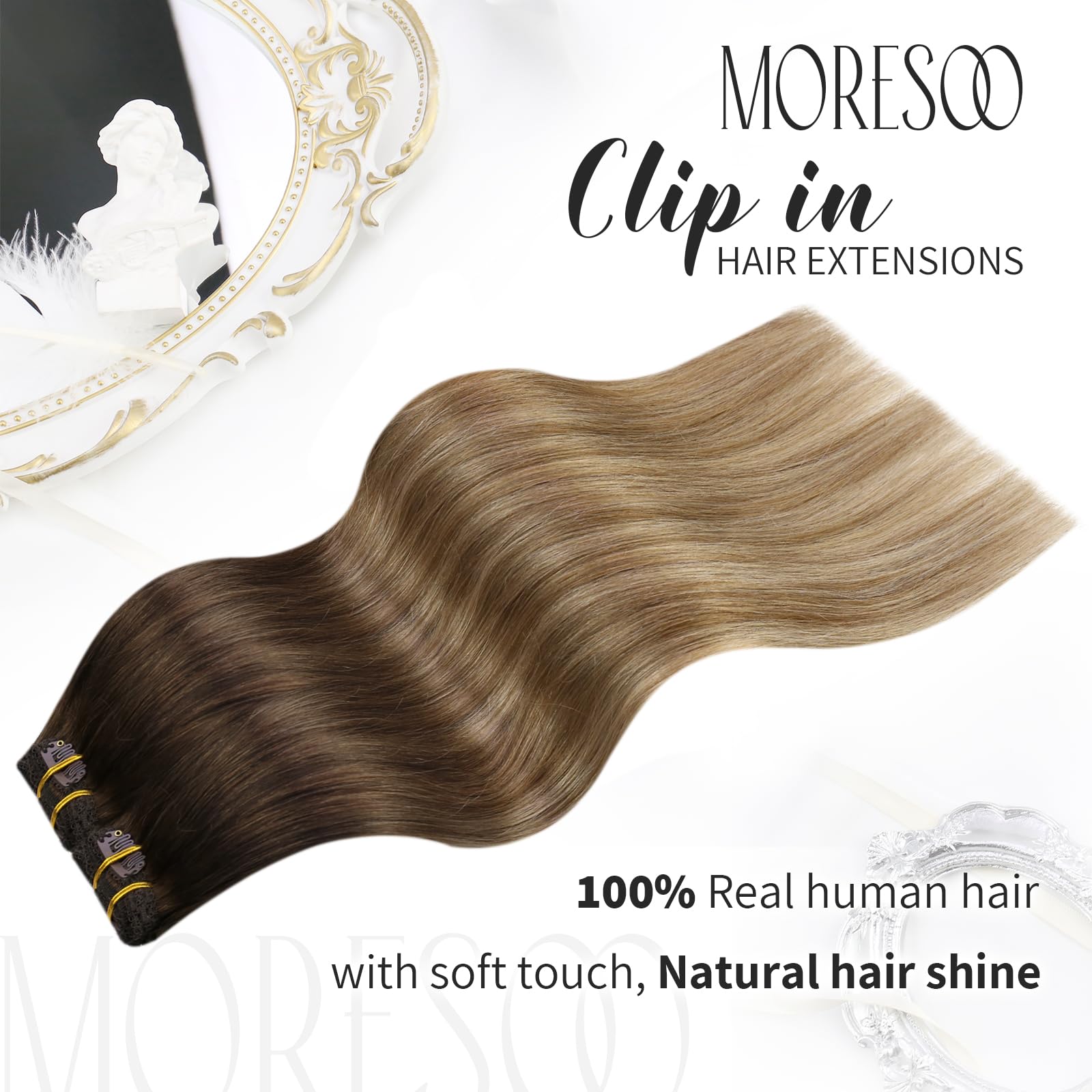 Moresoo Clip In Hair Extensions Balayage Dark Brown To Dark Ash Blonde With Dark Blonde Ombre Hair Extensions Clip Ins Real Huma