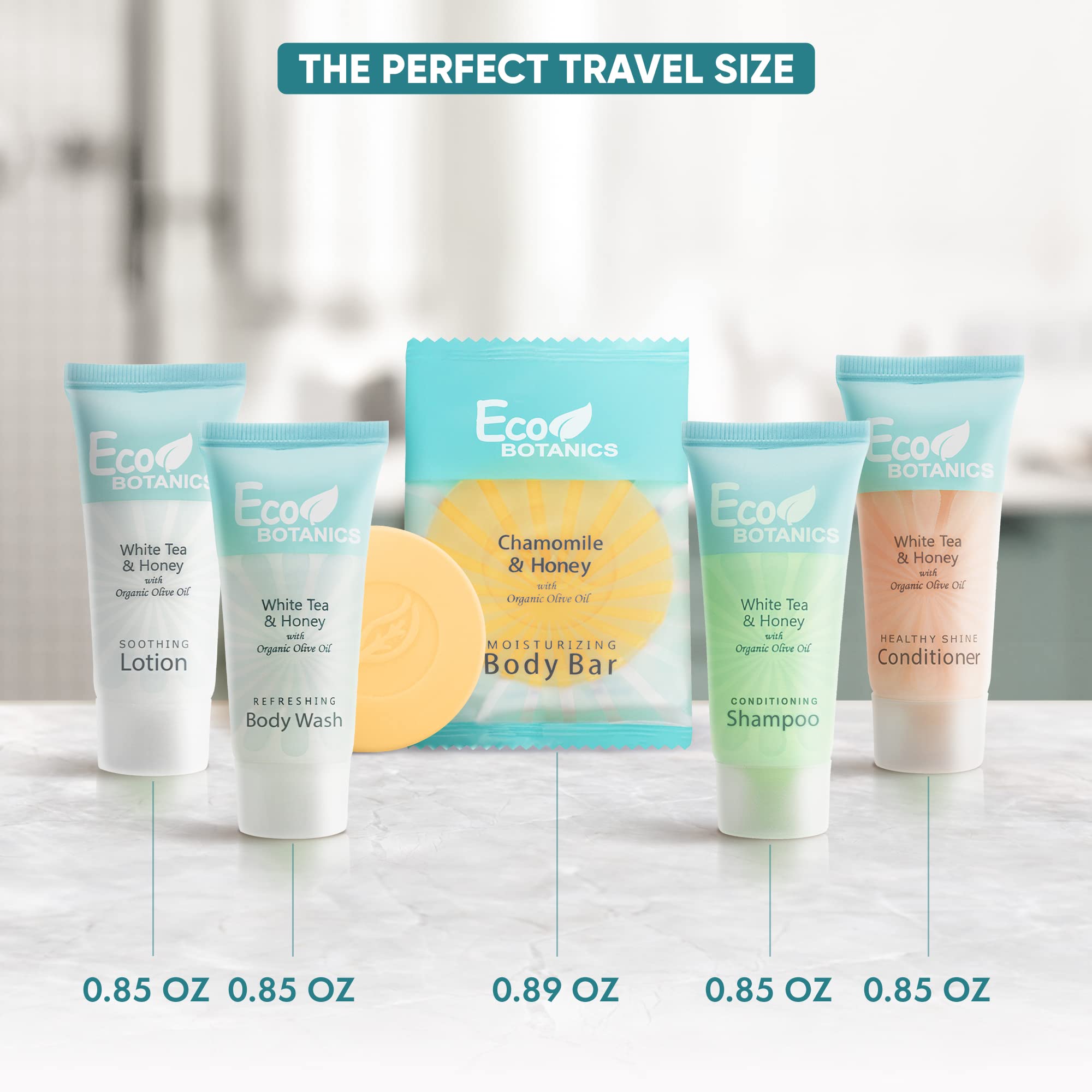 Eco Botanics Hotel Soaps And Toiletries Bulk Set | 1-Shoppe All-In-Kit Amenities |0.85Oz Shampoo & Conditioner, Body Wash, Body