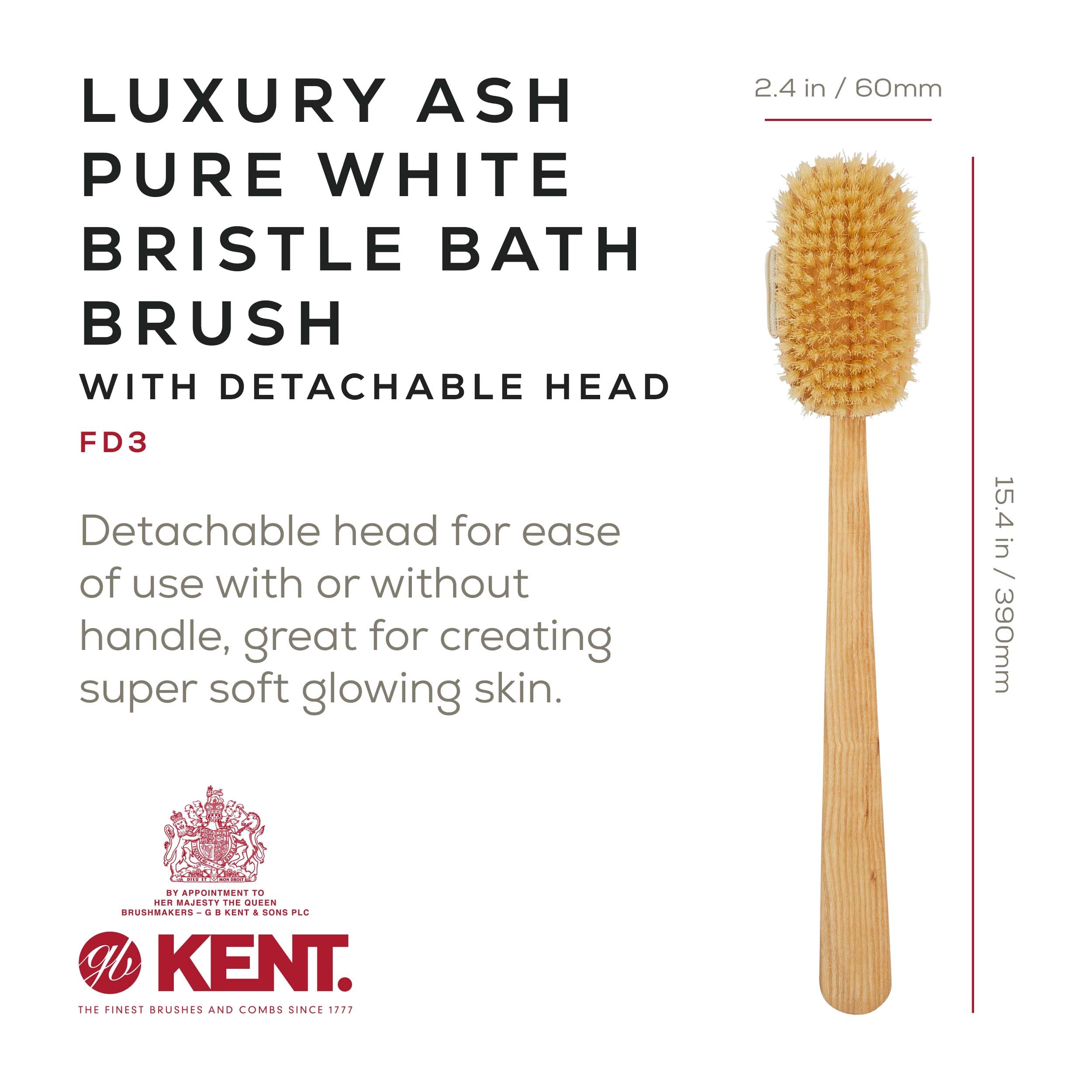 Kent Fd3 Luxury Beechwood Body Scrubbing Exfoliating Bath/Shower Brush With 100% Pure White Bristle. Long Handle With Detachable