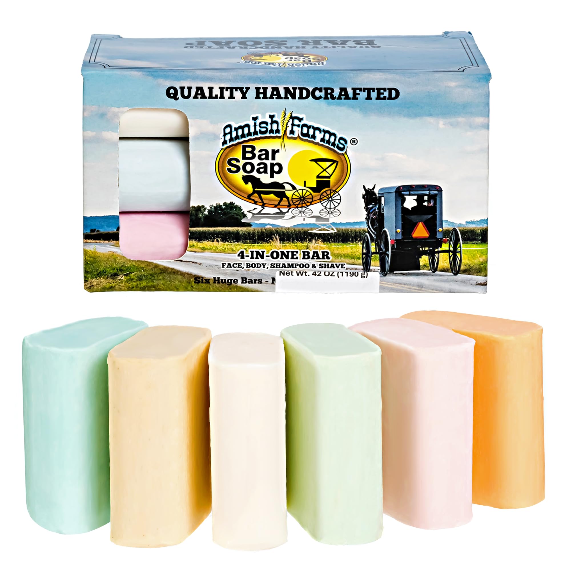 Amish Farms Natural Soap Bar (6 Bars) - Made in USA, Vegan, Clean Scent - Cold-Processed Soap Gifts for Men or Women and Sensiti