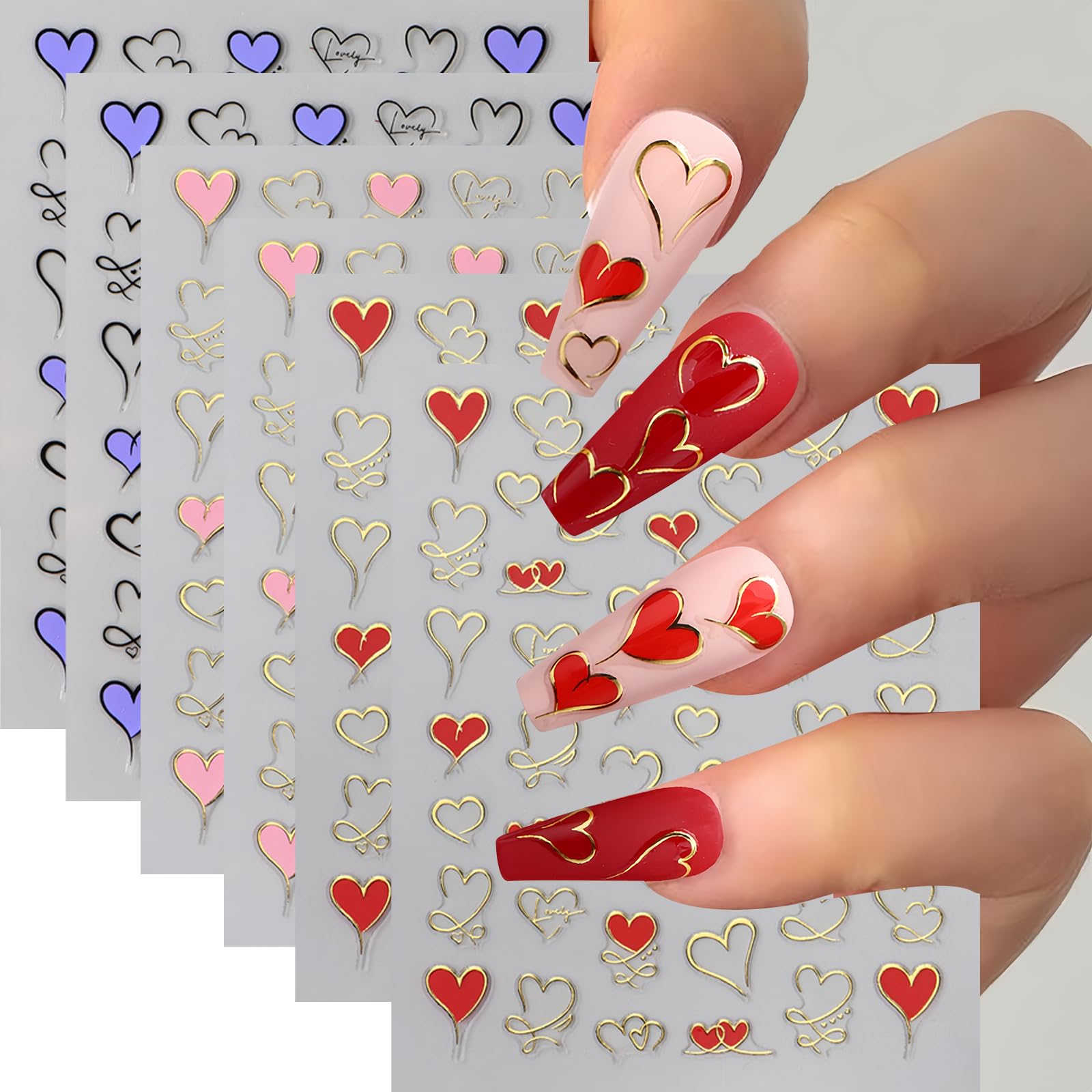 6 Sheets Heart Nail Art Stickers Love Hearts Nail Decals 3D Self Adhesive Pink Purple Red Heart Nail Design Stickers Valentine's