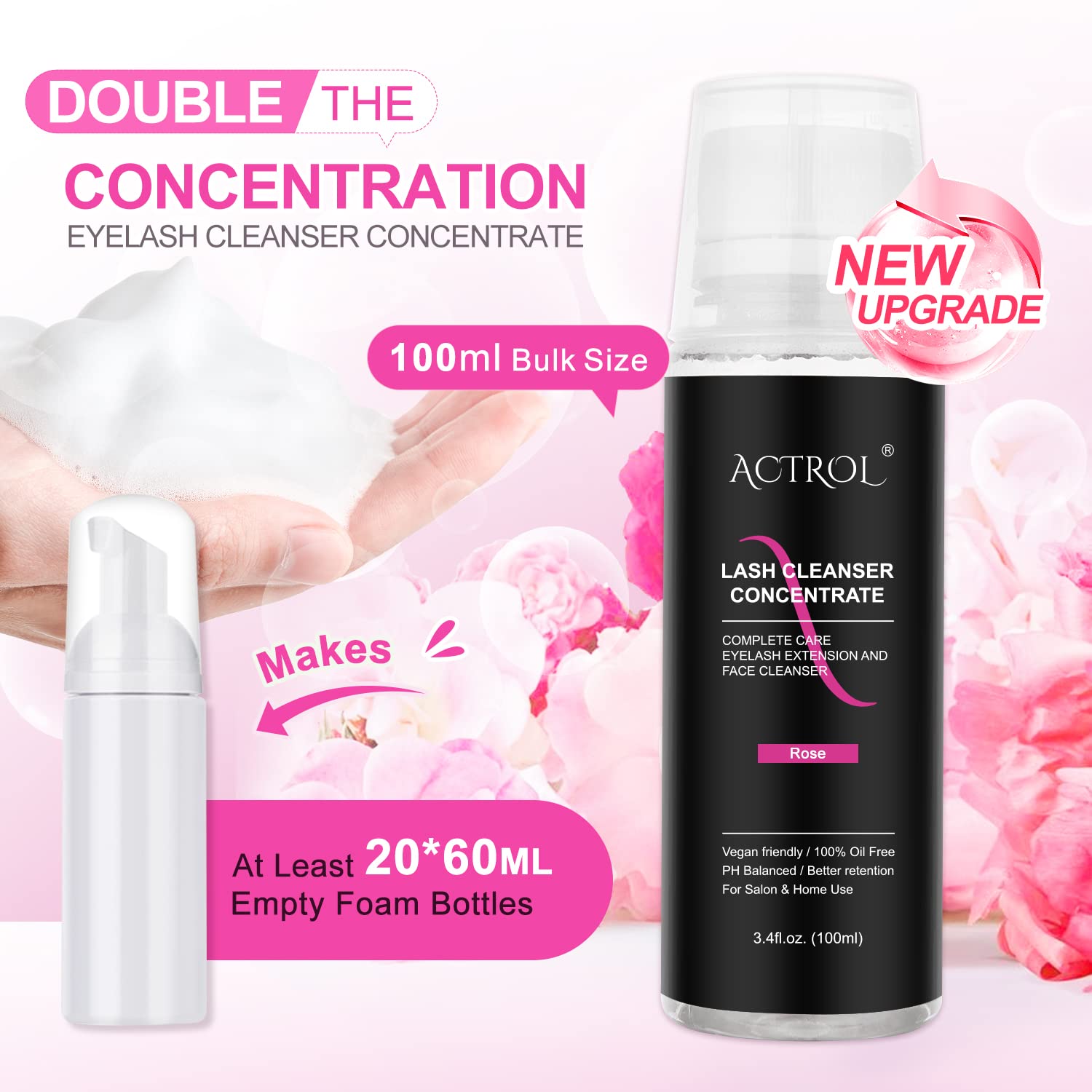 Actrol Eyelash Cleanser Concentrate 100Ml Rose Professional Lash Shampoo Foaming Cleanser Paraben & Sulfate Free Non-Lrritating
