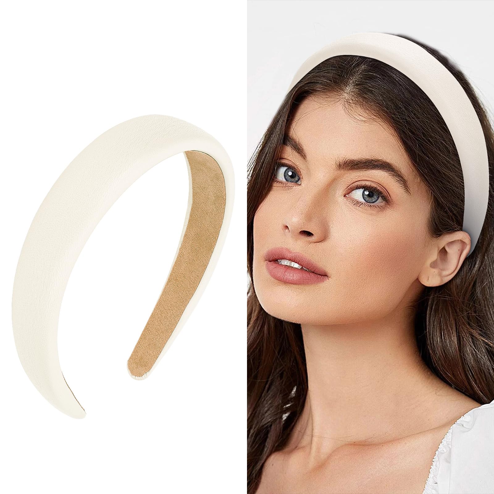 Wecoe White 1.2 Inch Headband for Women and Girls, PU Leather Non Slip Fashion Hair Band, Hair Accessories for Costume, Party, E