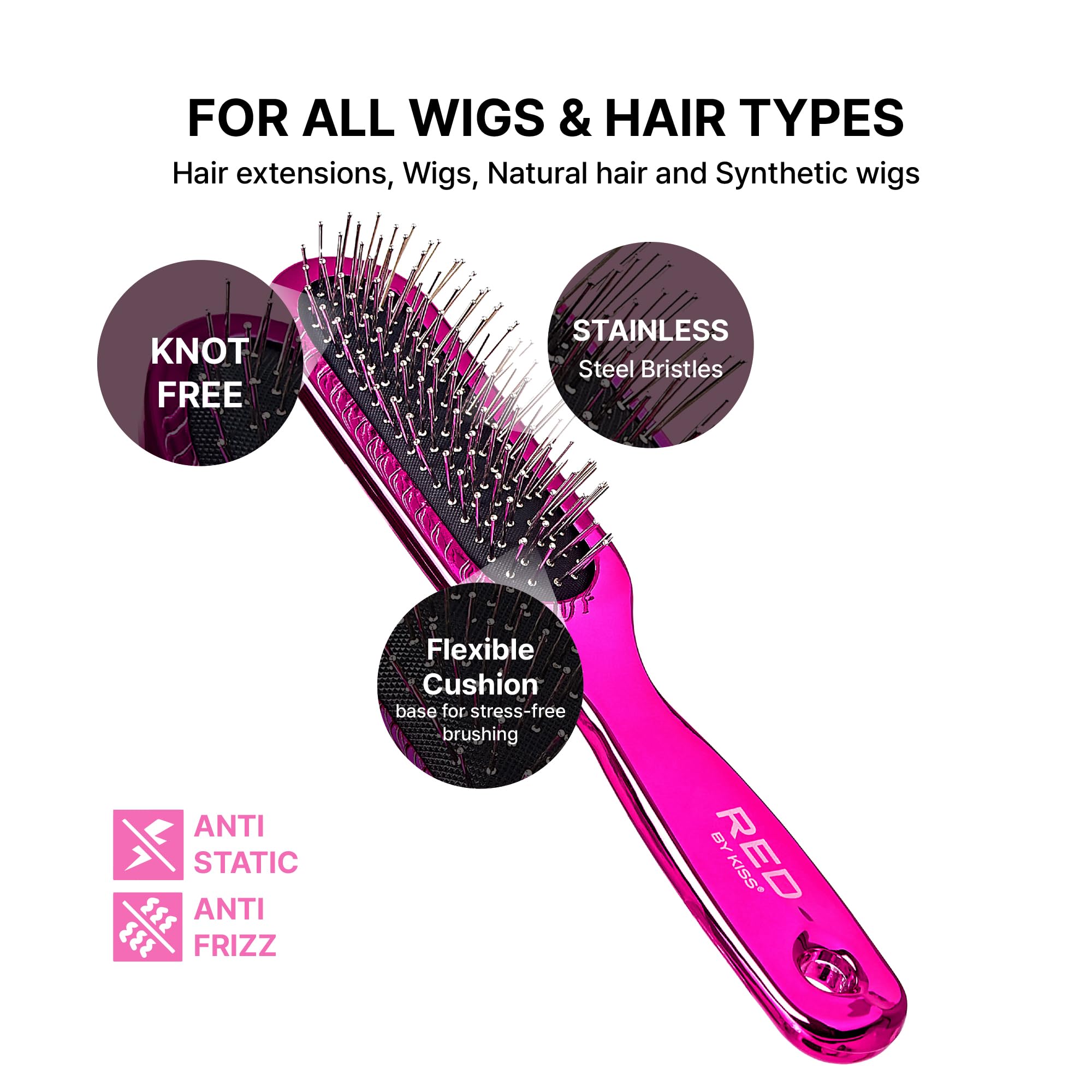 Red By Kiss Anti-Static & Anti-Frizz Wig Brush With Stainless Steel Knot-Free Bristles For Easy Detangling, Smooth Hair & Wigs W