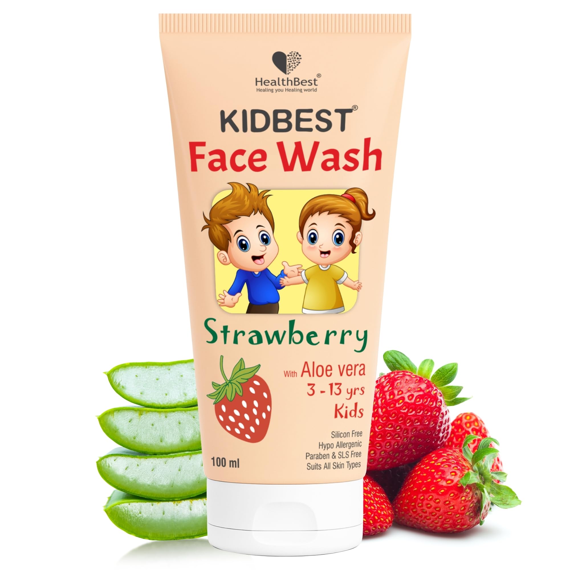 Healthbest Kids Face Wash 100Ml With Organic Strawberry - Natural, Non Toxic & Safe - For Normal, Oily & Combination Skin - Tear