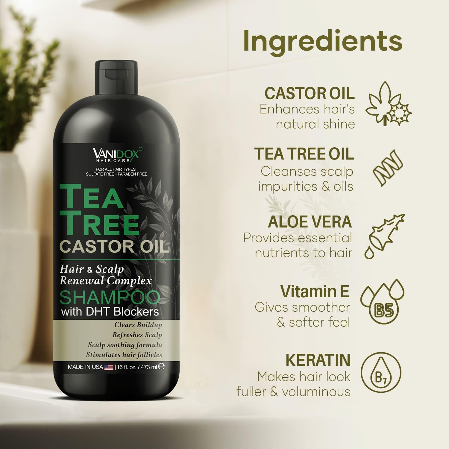 VANIDOX Tea Tree Shampoo with Castor Oil and 100% Pure Tea Tree Oil for Itchy and Dry Scalp - Sulfate and Paraben Free, Tea Tree