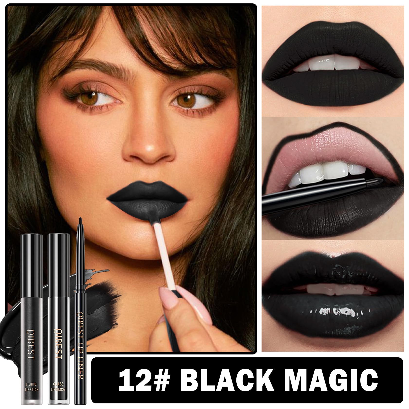 QIUFSSE 3 in 1 Black Lip Liner Pencil and Lipstick lipgloss Set Matte Black Lipstick Lip Gloss Kit Long-lasting Nonstick Cup Smu