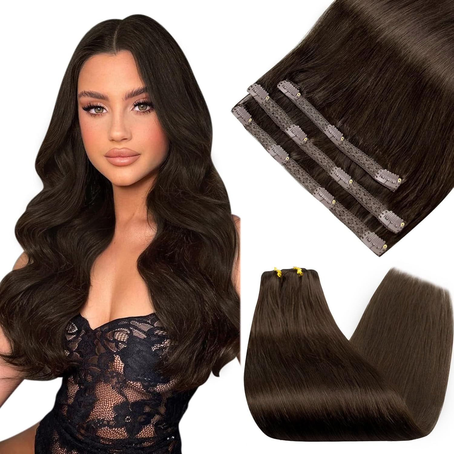 Sunny 22 Inch Clip in Hair Extensions Real Human Hair Darkest Brown Hair Extensions Clip ins Straight Real Hair Clip in Extensio