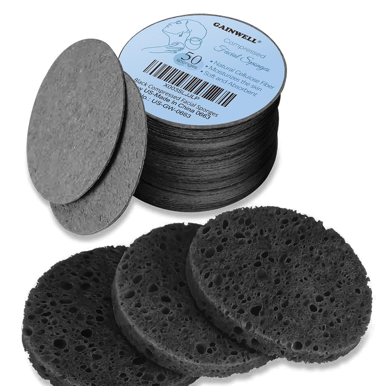 GAINWELL 50-Count Black Compressed Facial Sponges for Daily Facial Cleansing and Exfoliating, 100% Natural Cosmetic Spa Sponges 
