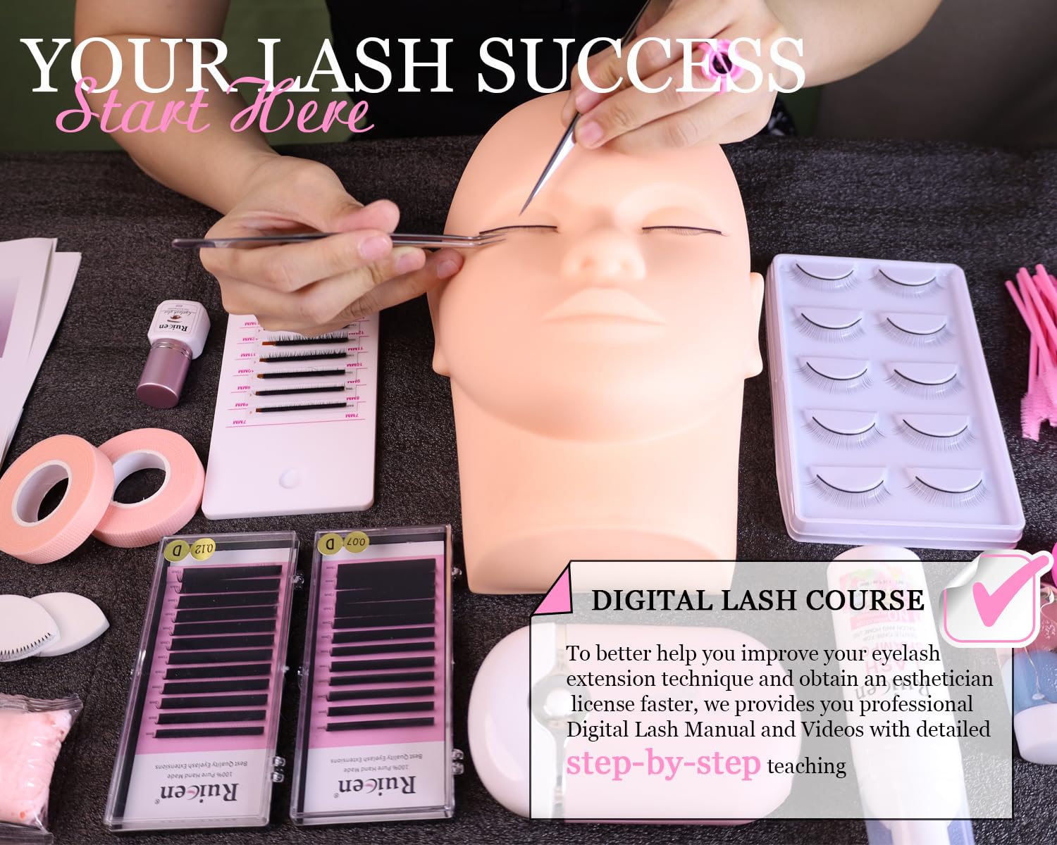 Lash Extension Kit For Beginners, Ruicen Lash Kit For Beginners With Video Tutorials And Lash Manual, Mannequin Head, Practice L