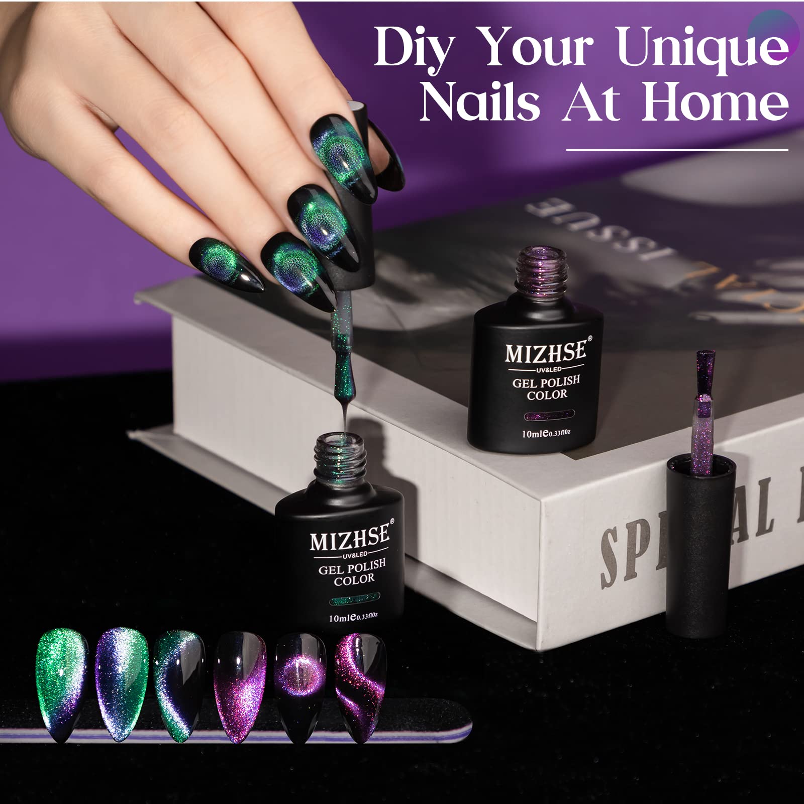 Mizhse 9D Cat Eye Gel Nail Polish, 2 Colors Cyan And Purple Holographic Galaxy Cateye Magnetic Nail Polish Gel, Magic Cateye Man