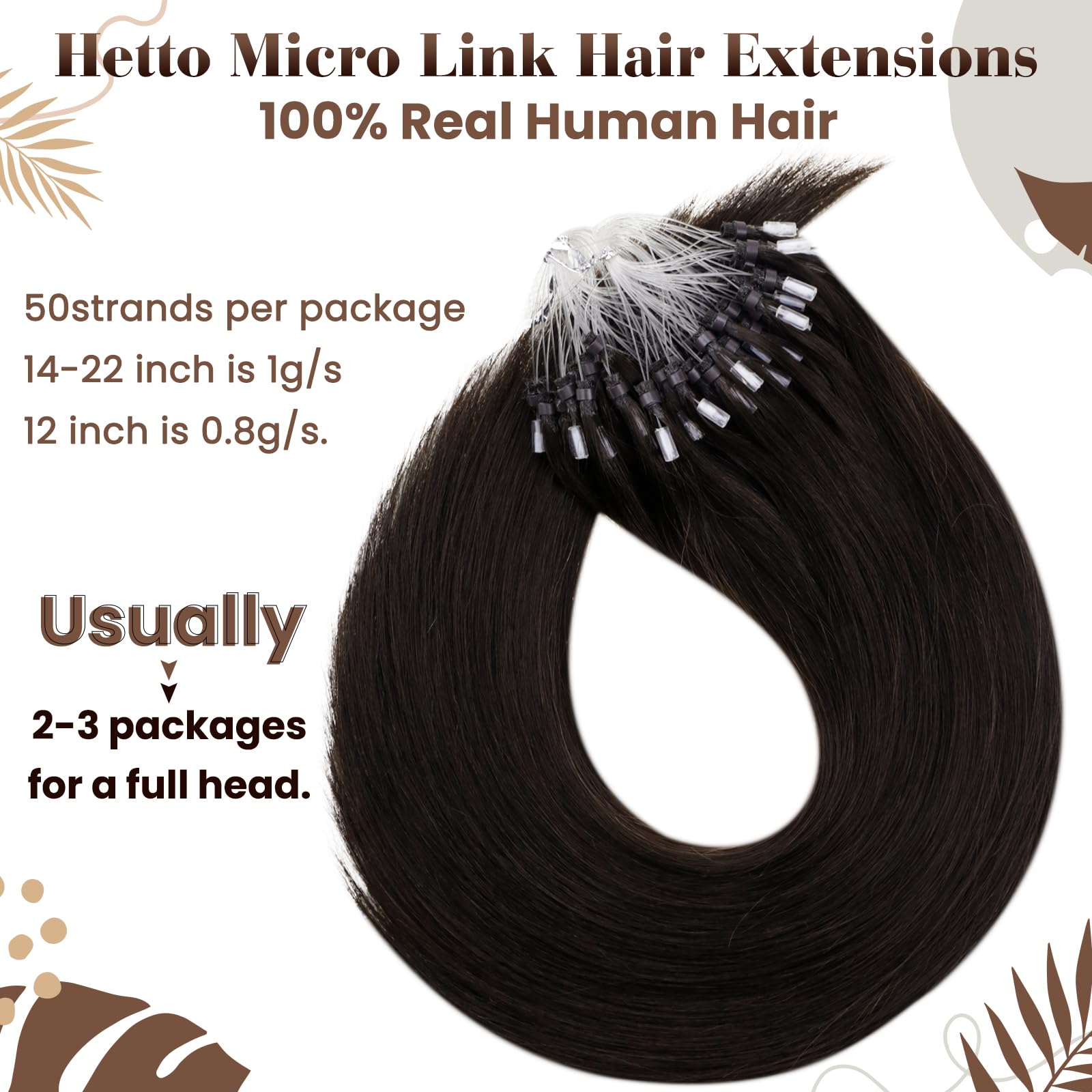Hetto Brown Micro Loop Human Hair Extensions Natural Micro Ring Hair Extensions 20 Inch #2 Darkest Brown Micro Link Hair Extensi