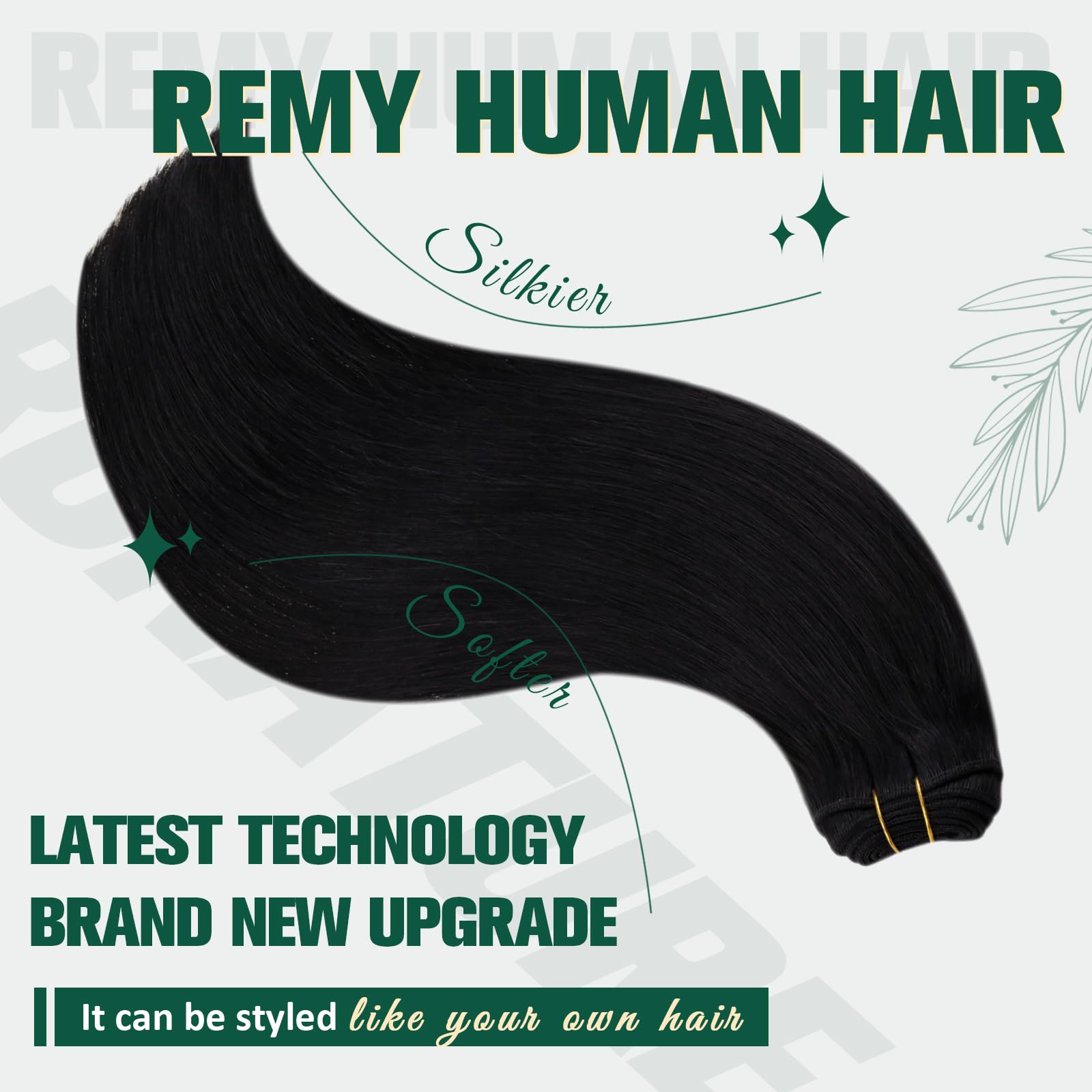 RUNATURE 18 Inch Sew in Weft Hair Extensions Human Hair #1 Jet Black Straight Sew in Human Hair Extensions Long Double Weft Huma