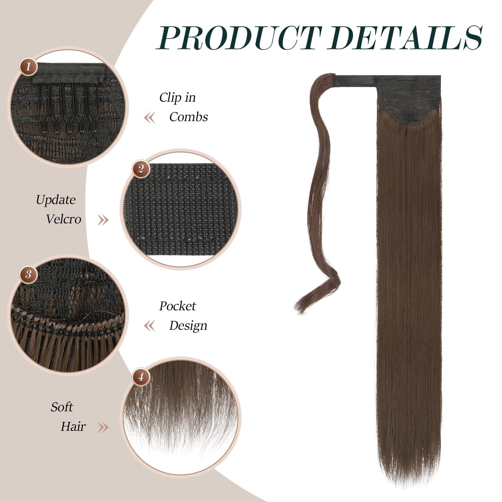 Feshfen Straight Long Ponytail Extensions 24 Inch Wrap Around Synthetic Ponytails Hair Piece Pony Tail Hair Extensions Hairpiece