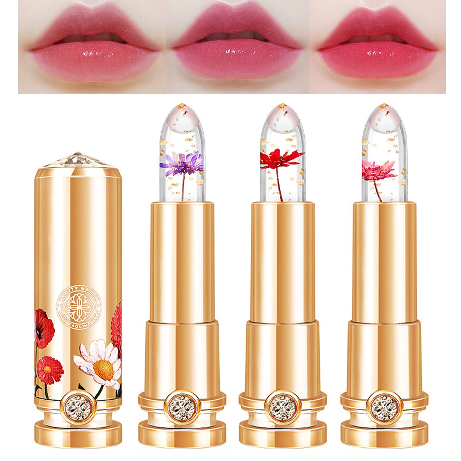 Mrettick 3 Colors Crystal Flower Jelly Lipstick Set,Magic Temperature Color Changing Lip Gloss Ph Lipstick Color Changing Jelly