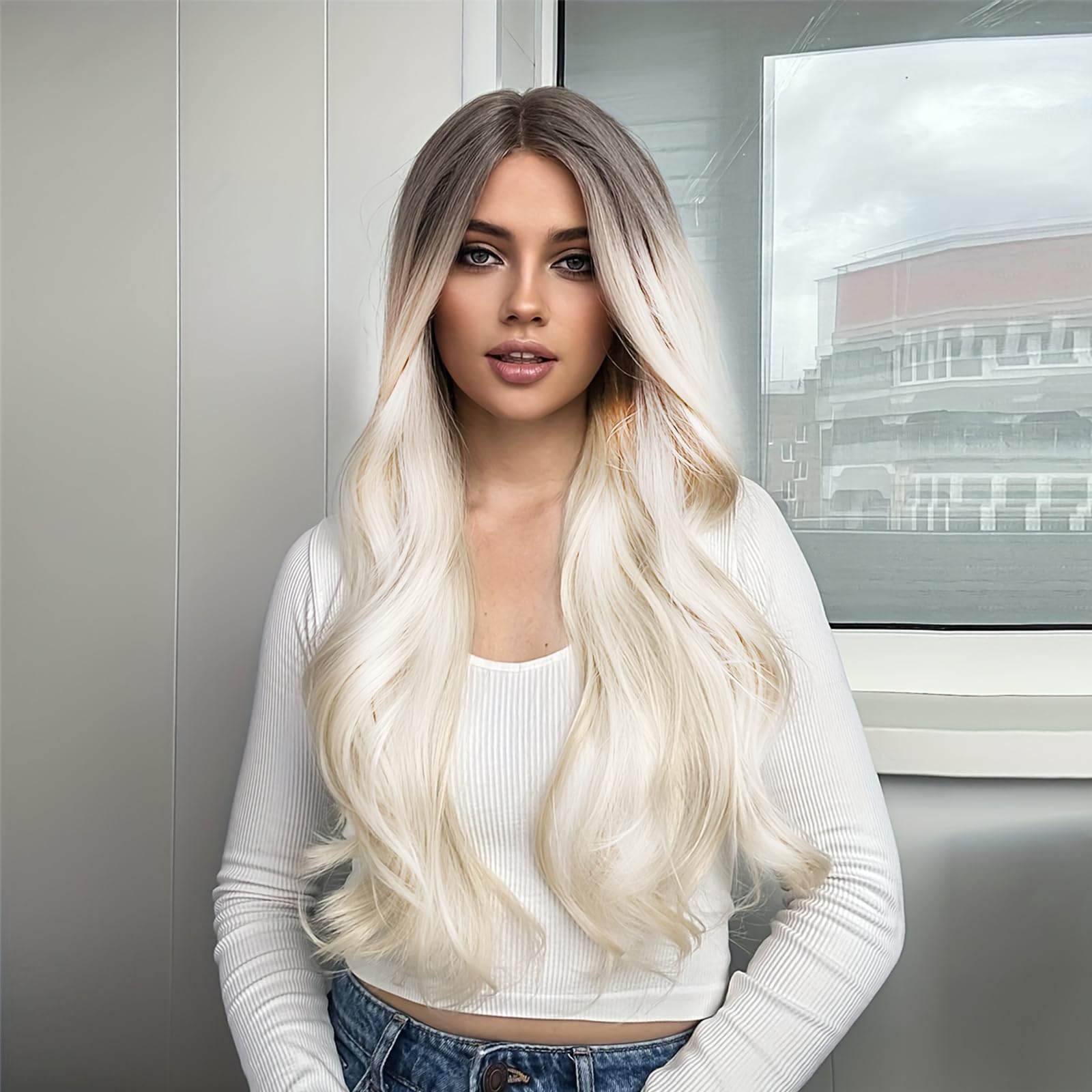 TOZIKA Long Platinum Blonde Wigs for Women White Wig 26inch Wavy Curly Middle Part Lace Wig Upgraded Protein Fiber Hair Replacem