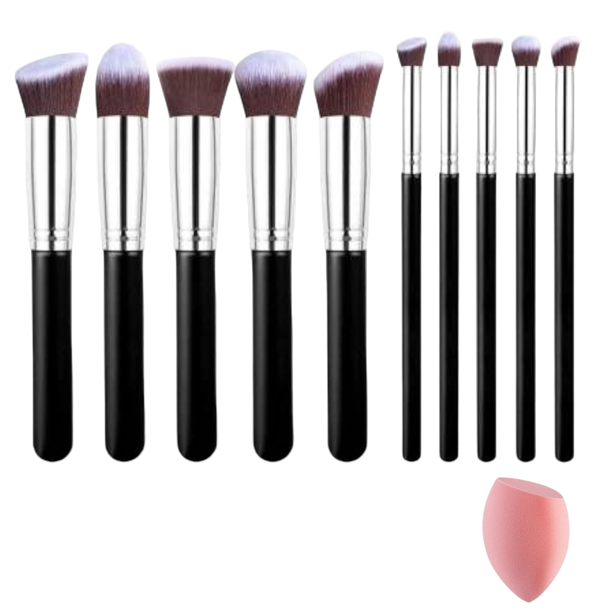 La Venust Fiber Bristle Makeup Brushes Set Tool Pro Foundation Eyeliner Eyeshadow With Sponge Puff Black, 10 Pieces