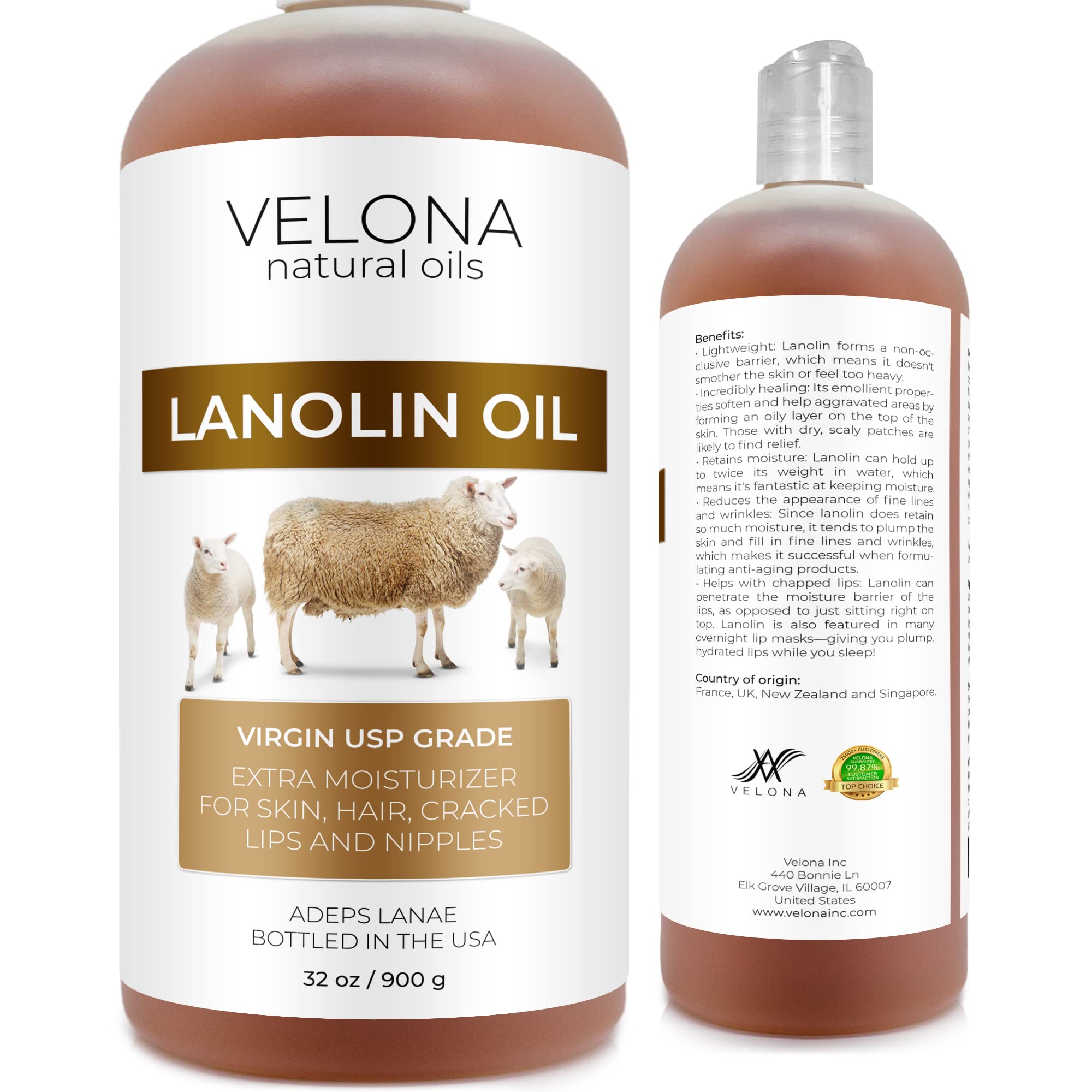 velona Lanolin Oil USP Grade 32 fl oz | 100% Pure and Natural Carrier Oil | Refined, Cold pressed | Skin, Hair, Body & Face Mois