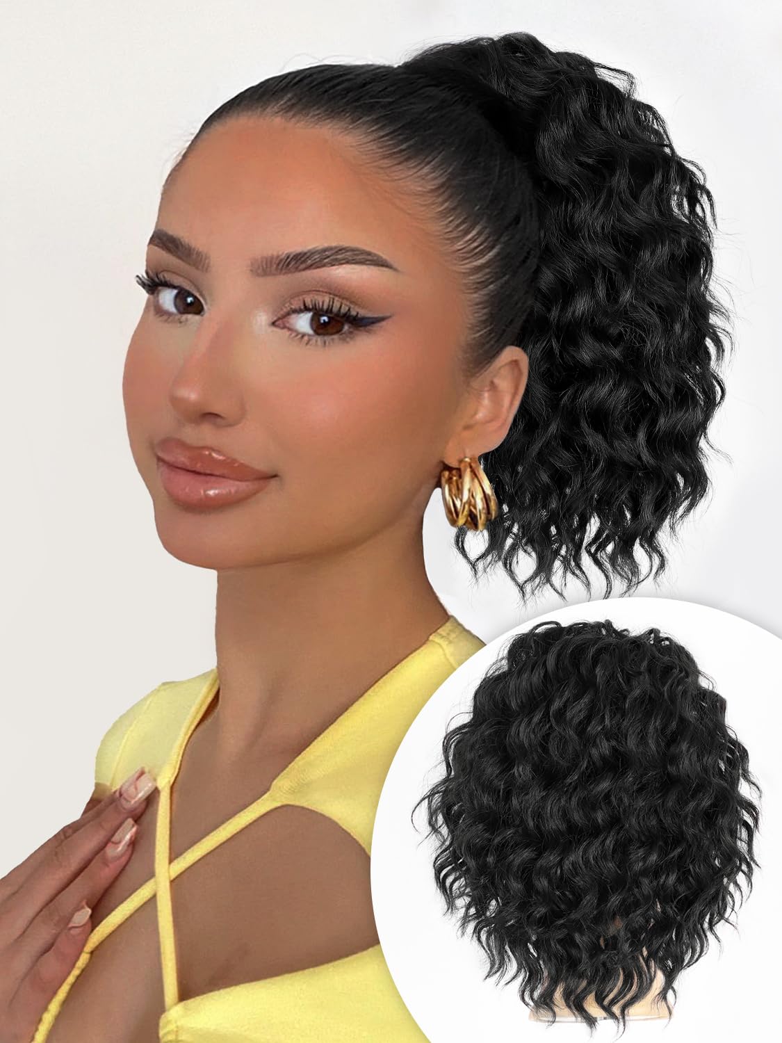 ALXNAN Wavy Curly Ponytail Extension, 8'' Black Drawstring Ponytail for Black Women Short Soft Natural Synthetic Hairpiece Thick