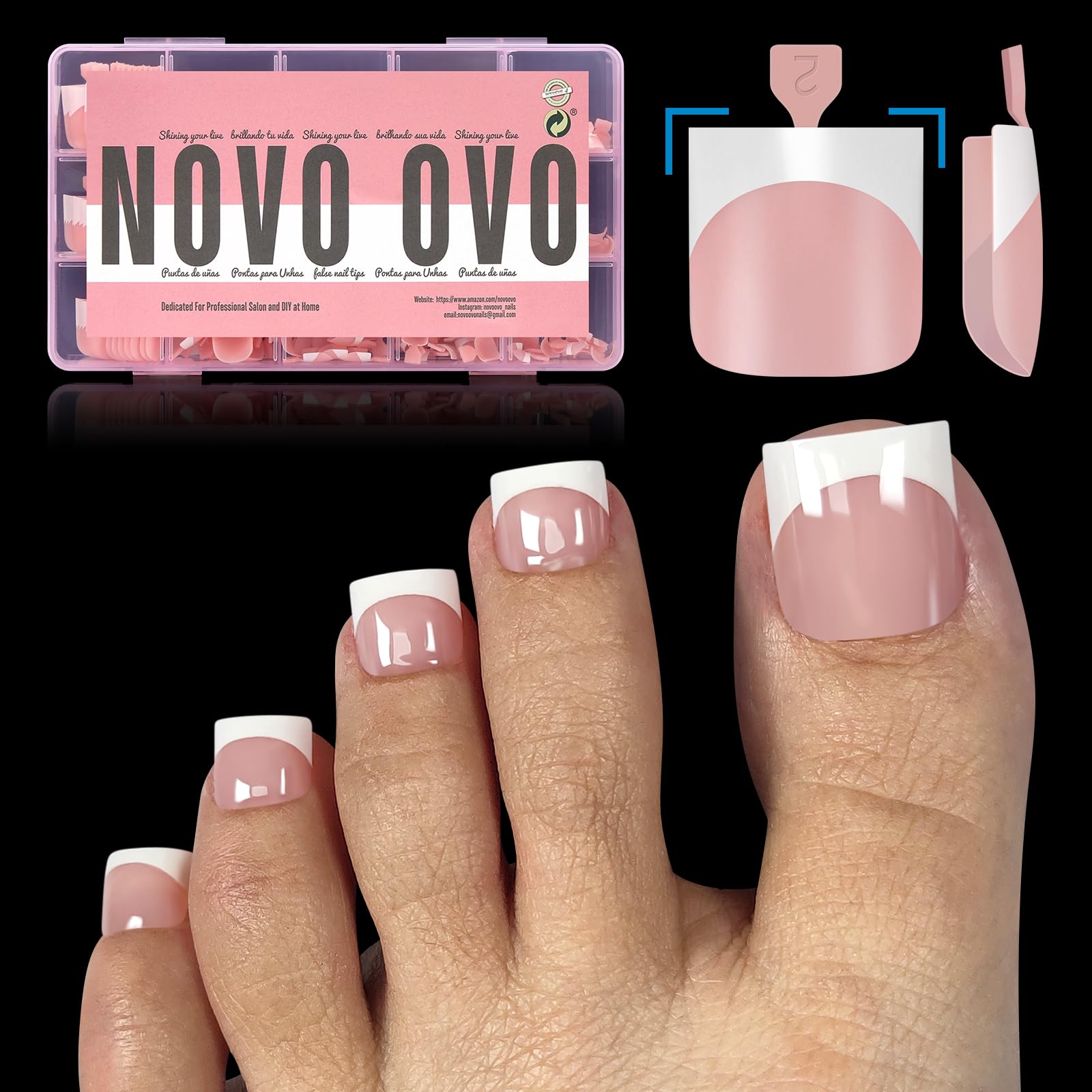 NOVO OVO French Tip Toe Nail Tips Press on, Sharp Square Pre-Designed Soft Gel False Toenail Extension, BABY PINK Pre-applied Ti