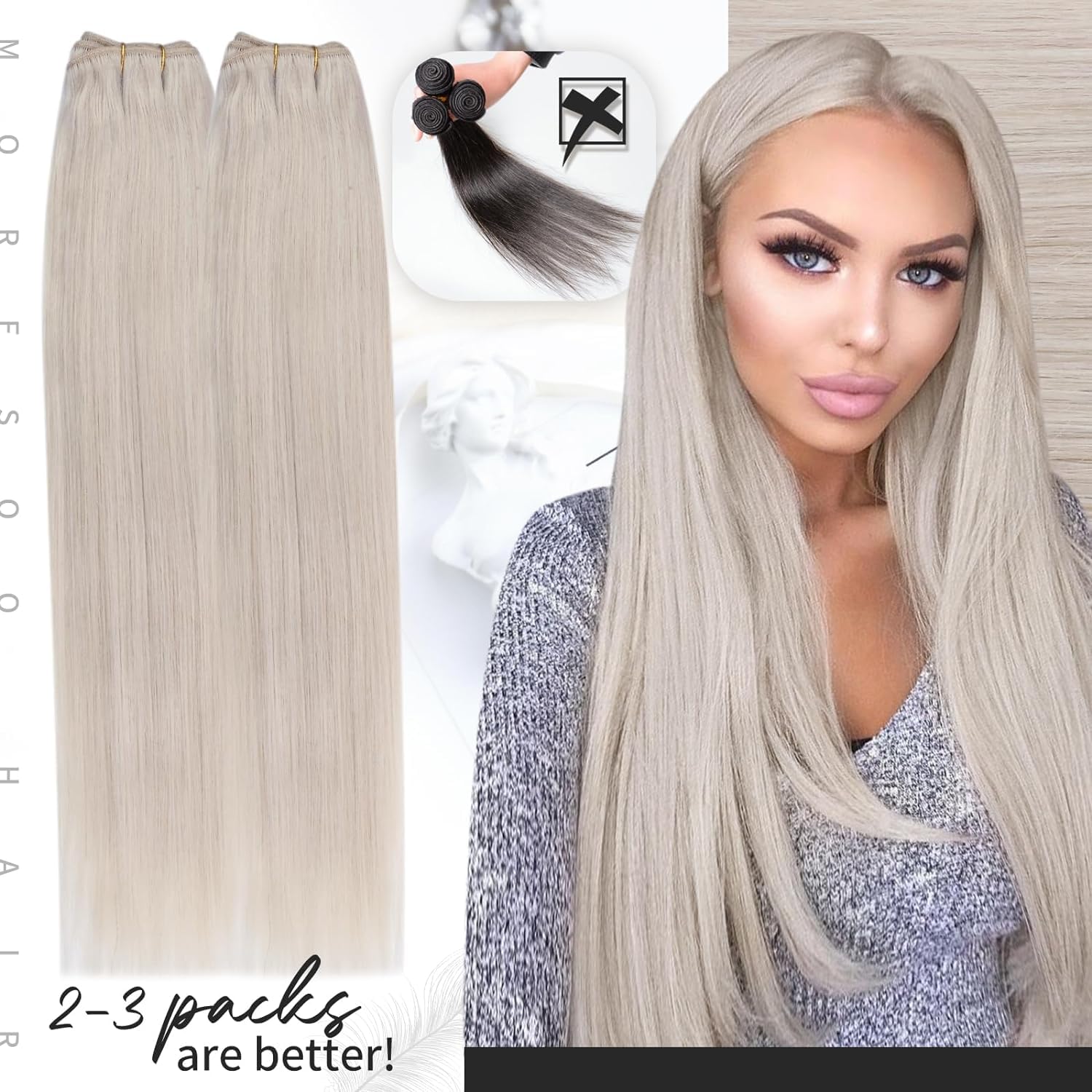 Moresoo Weft Hair Extensions White Blonde Hair Extensions Real Human Hair Weft Long Hair Extensions Weft 24 Inch 100G