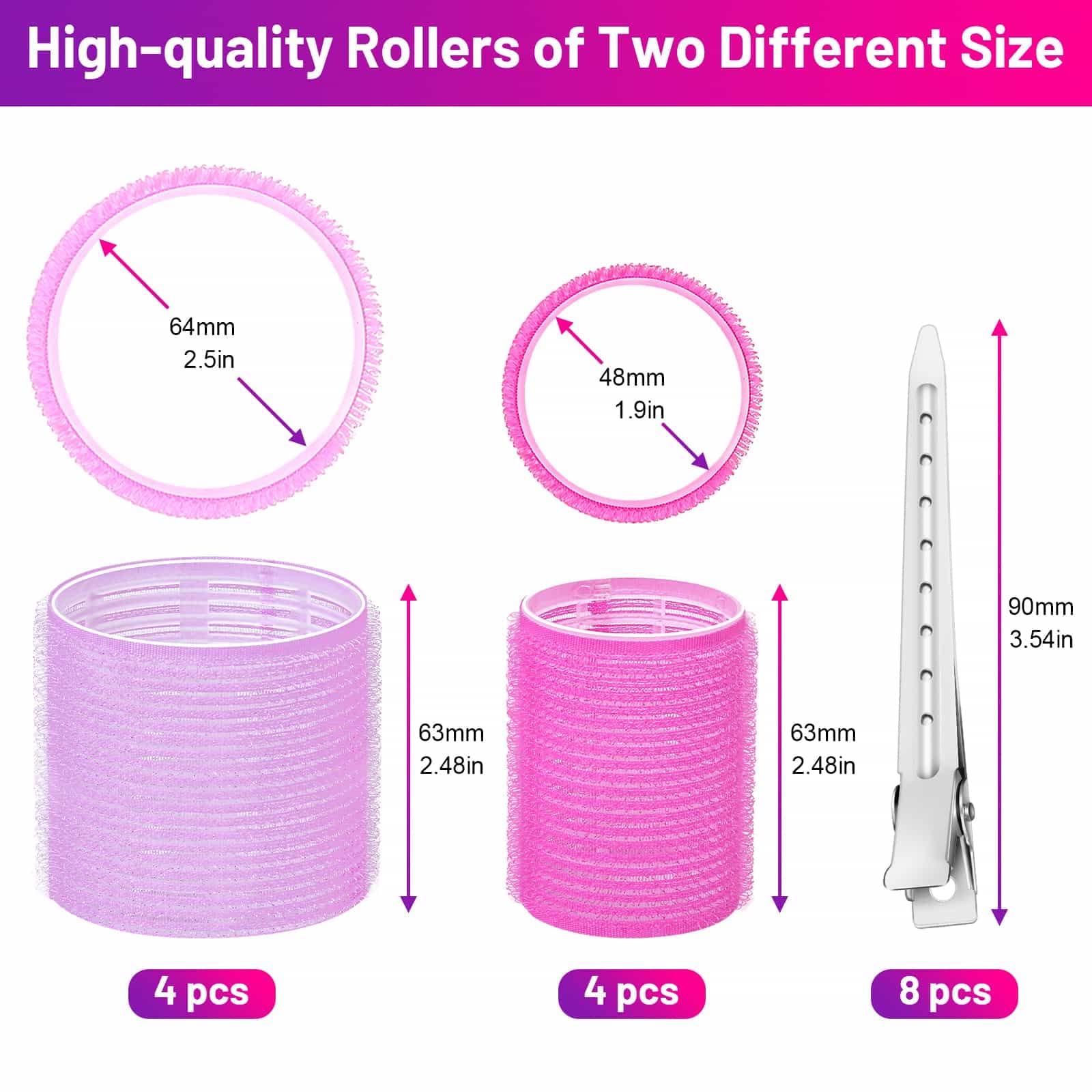 Self Grip Hair Rollers Curlers 16 Pcs Set with 8Pcs Hair Rollers 2 Sizes (4 Jumbo & 4 Large) and 8 Pcs Hair Clips for Long Mediu