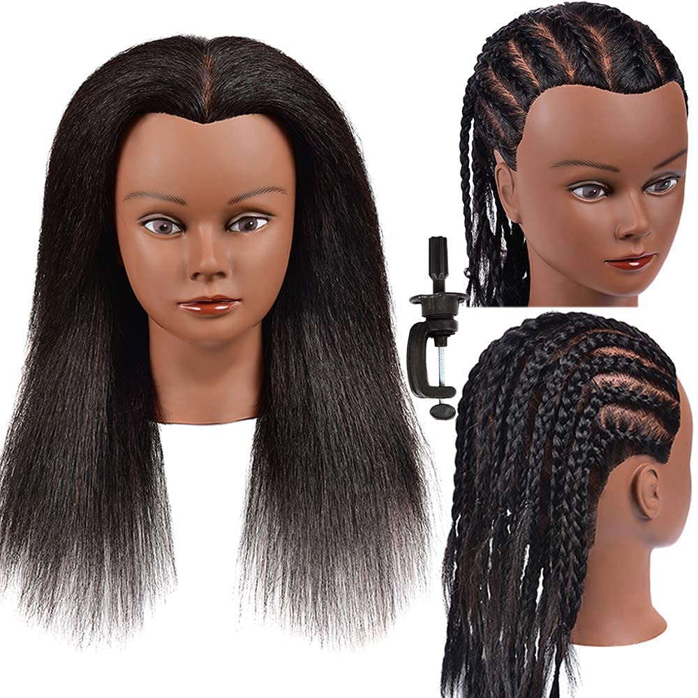 Mannequin Head with 100% Real Hair, 16'' Hairdresser Cosmetology Mannequin Manikin Training Practice Doll Head for Hairstyling a