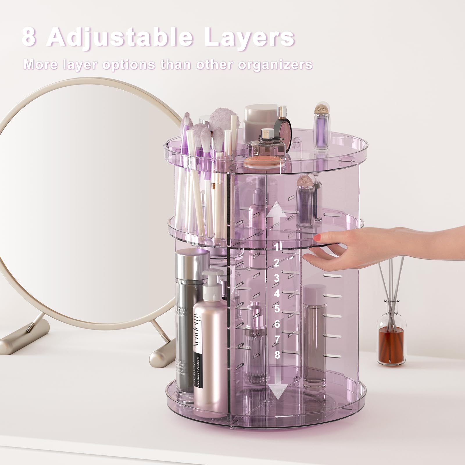 Rotating Makeup Organizer For Vanity, Diy Adjustable Tray Spinning Skincare Organizers Countertop, Cosmetic Display Case With Pe