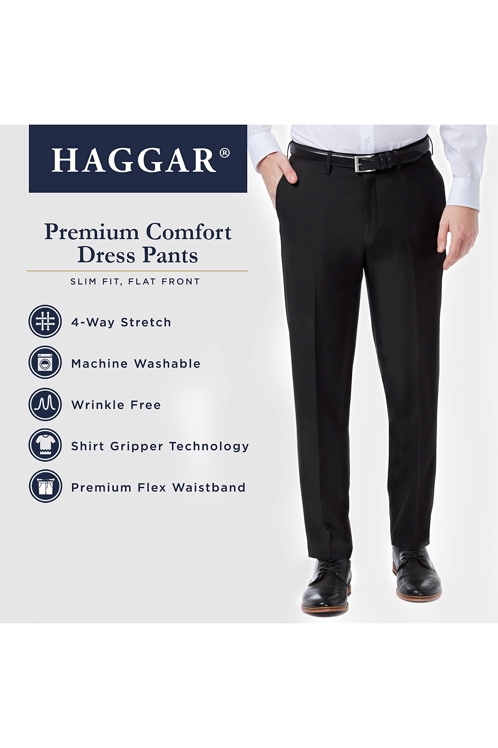 Haggar Mens Premium comfort Dress Slim Fit Flat Front Pant, Dark grey, 32W x 34L