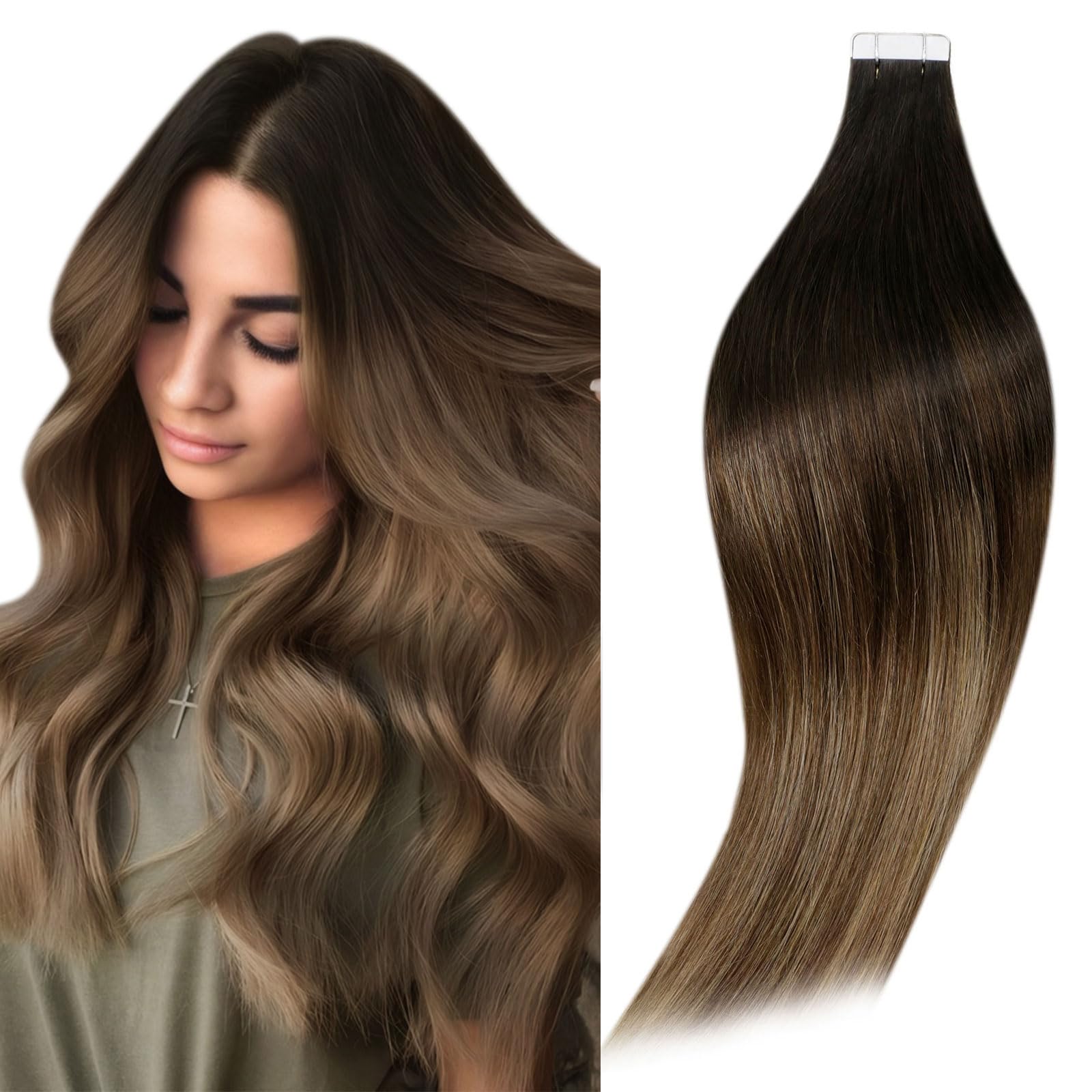Runature Balayage Black Tape In Human Hair Extensions 22 Inch Straight Remy Human Hair Tape In Extensions Ombre Black Rooted To