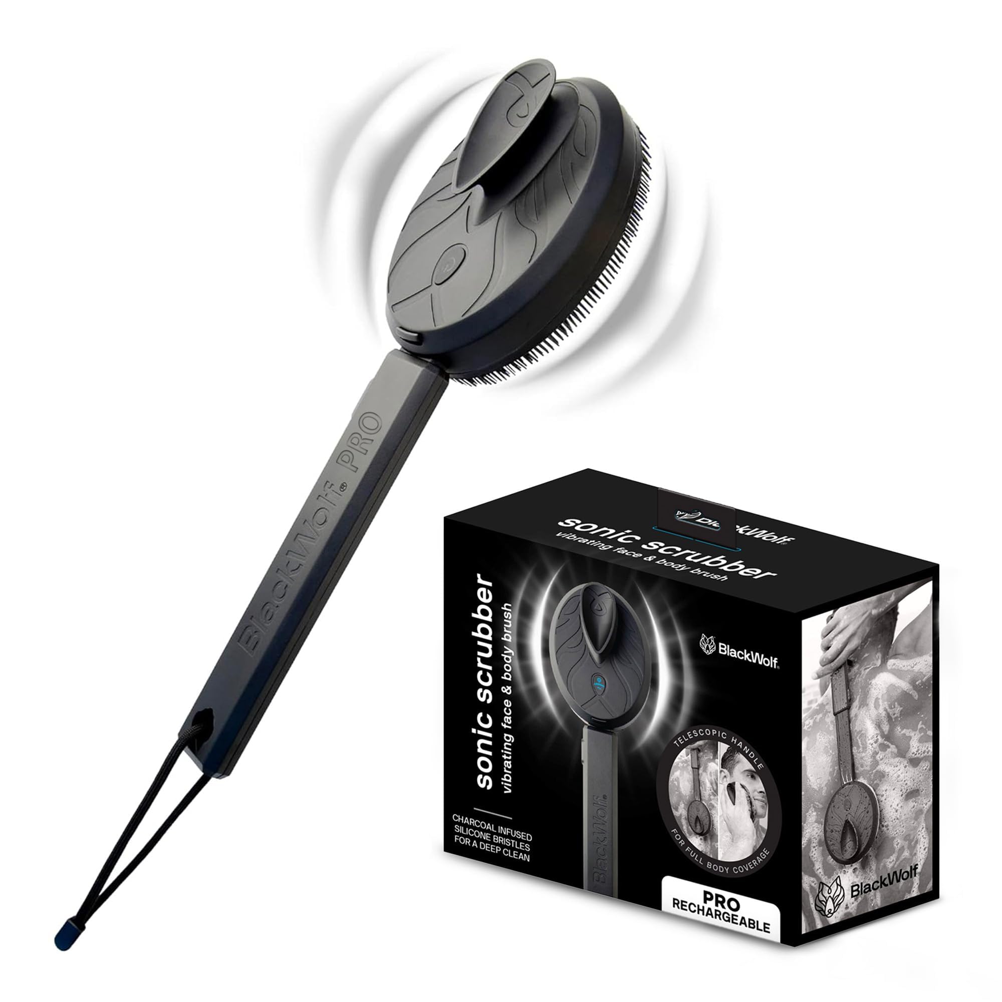 Black Wolf Vibrating Face And Body Brush, Sonic Scrubber Pro - Water Resistant, 4 Settings, 2 Speeds & 2 Modes, Massage Brush Wi