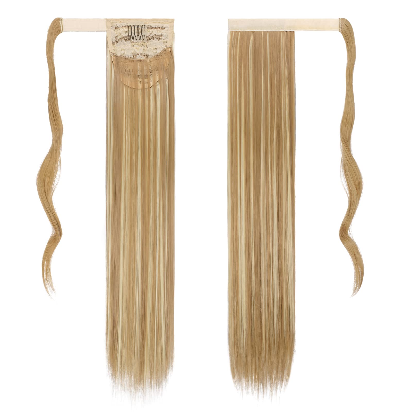 Feshfen Straight Long Ponytail Extensions 24 Inch Wrap Around Synthetic Blonde Ponytails Hair Piece Pony Tail Hair Extensions Ha