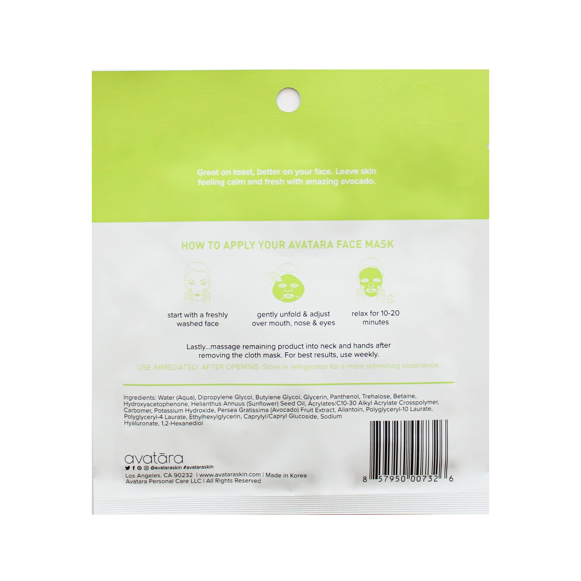 Avatara Juicy Avobravo Soothing Facial Mask 15 Sheets, Beauty And Skincare Sheet Masks, Avocado Extracts And Clean, Natural Ingr