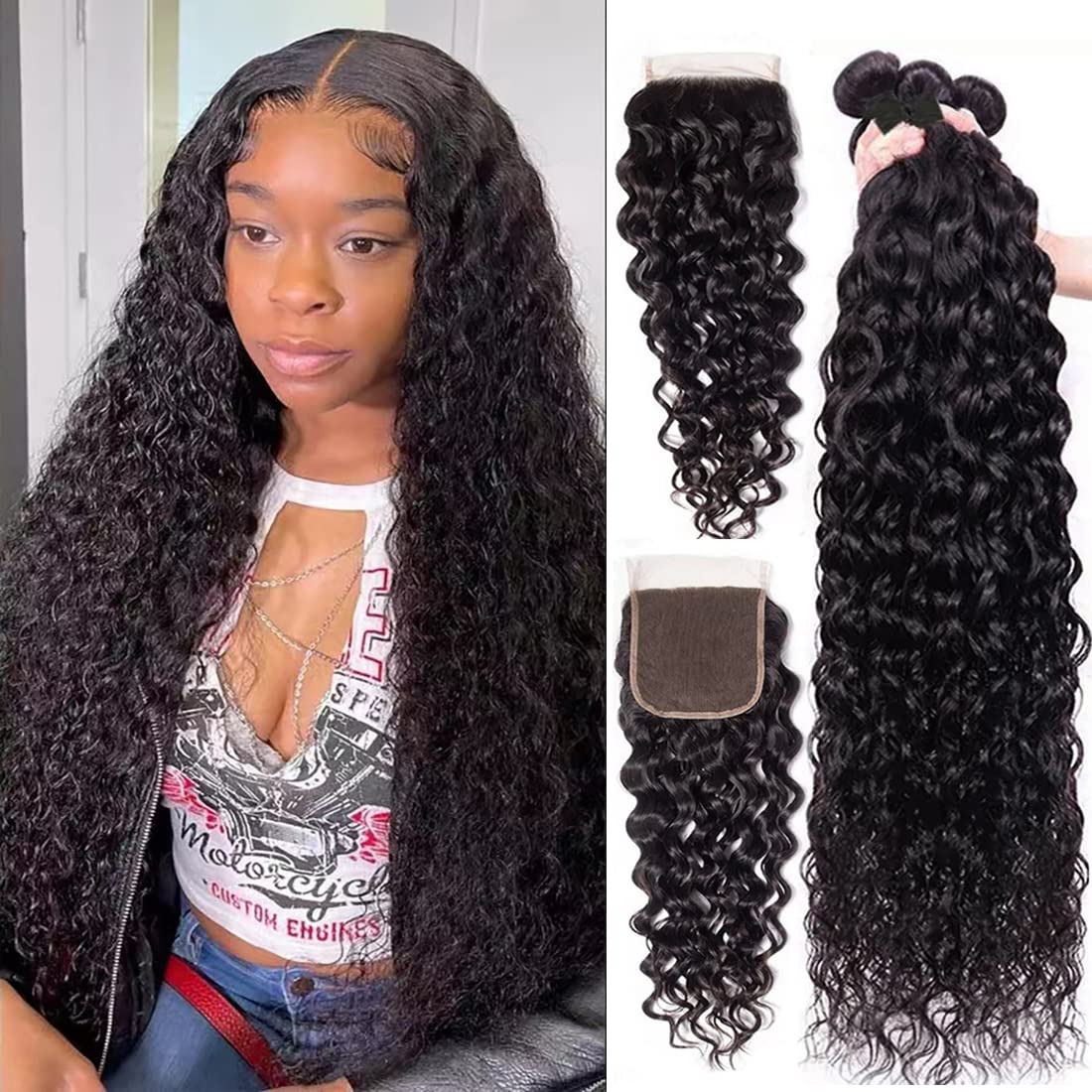 Water Wave Bundles With Closure Brazilian Virgin Human Hair(26 28 30+22,Free Part) Bundles With 4X4 Lace Closure 100% Unprocesse