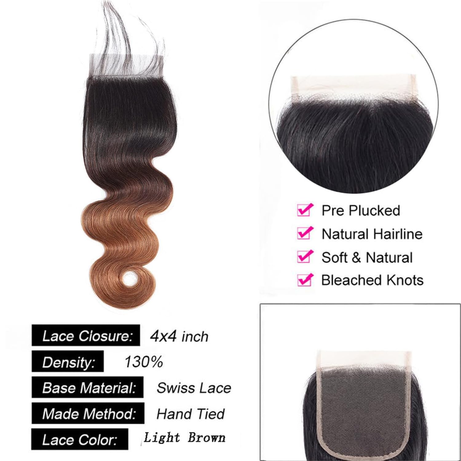 1b/30 4x4 Hd Transparent Lace Ombre Closure Brazilian Virgin Hair Body Wave 20 Inch Honey Blonde Closure Pre Plucked With Baby H