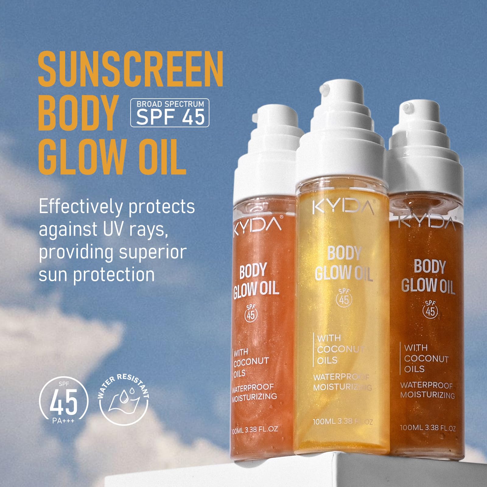 Sunscreen Body Glow Oil, Broad Spectrum SPF 45, Lightweight Water Resistant Shimmering Body Oil with Gold Mica, Moisturizing Coc
