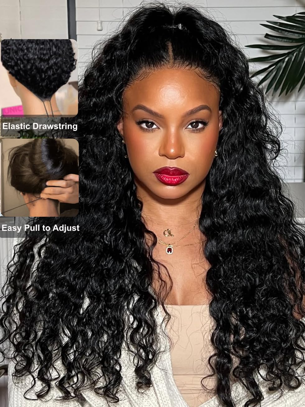 UNICE Water Wave 7X5 Lace Front Wig - 18 Inch Human Hair, Natural Black, Pre Plucked, 180% Density, Glueless
